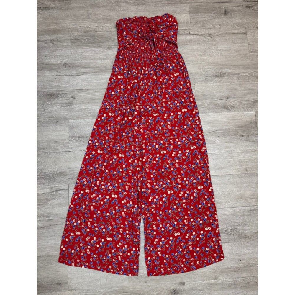 Other Red Floral Strapless Wide Leg Jumpsuit Smocked Tie Front Sm Size 28" / US 6 / IT 42 - 1 Thumbnail