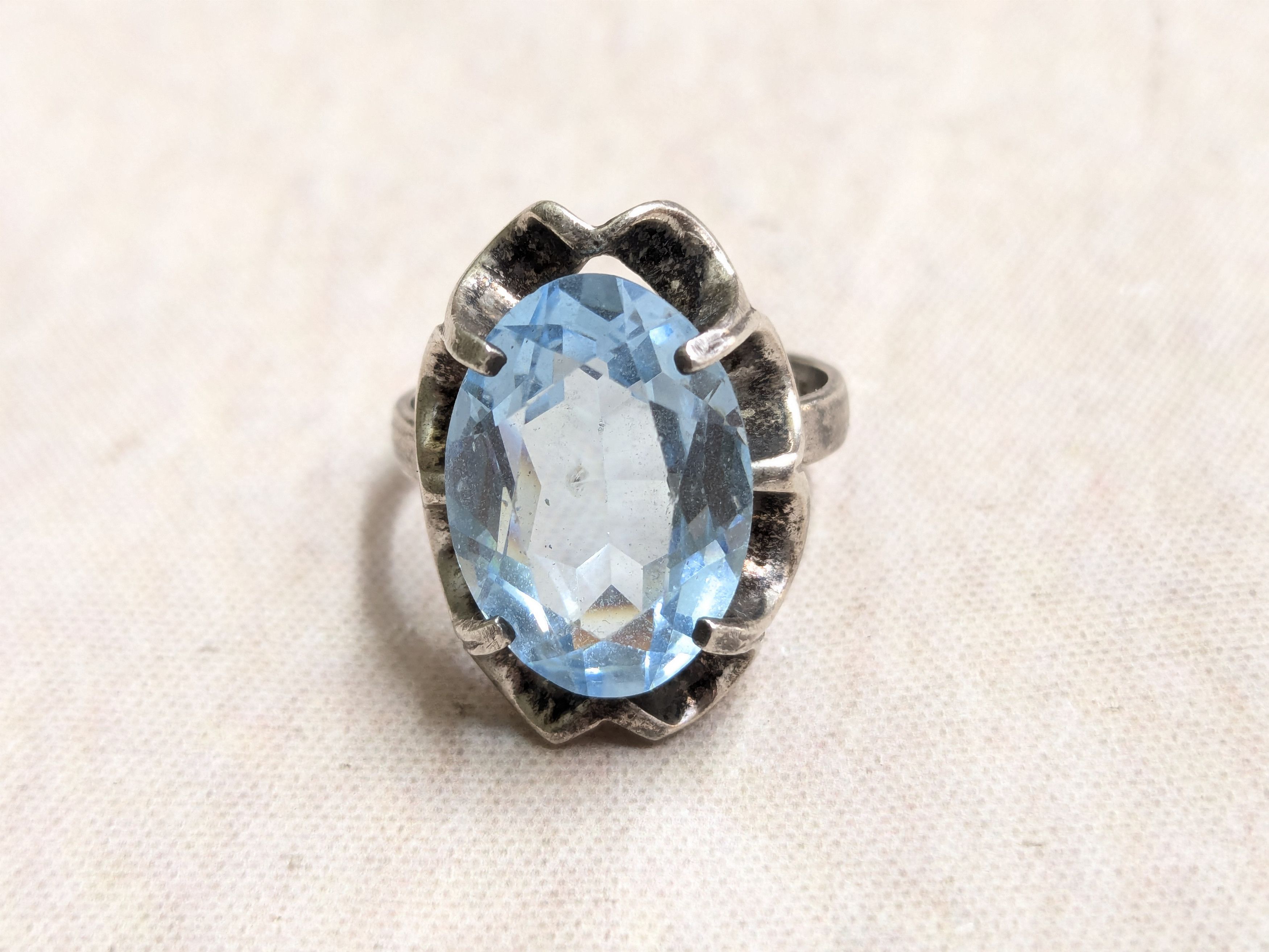 Jewelry Vintage Sterling Silver Ring Blue Glass 9.5 Oval Cocktail Size ONE SIZE - 3 Thumbnail
