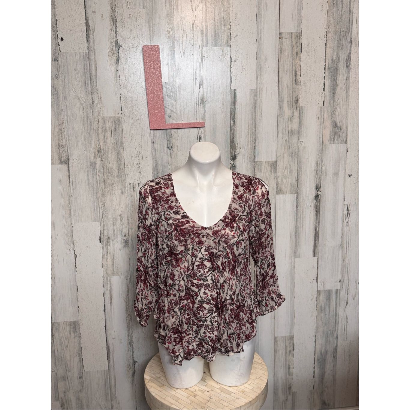 Lucky Brand Lucky Brand Boho Floral Peasant Top | Burgundy Cream Sheer Flowy Blouse – Size Large Size L / US 10 / IT 46 - 2 Thumbnail