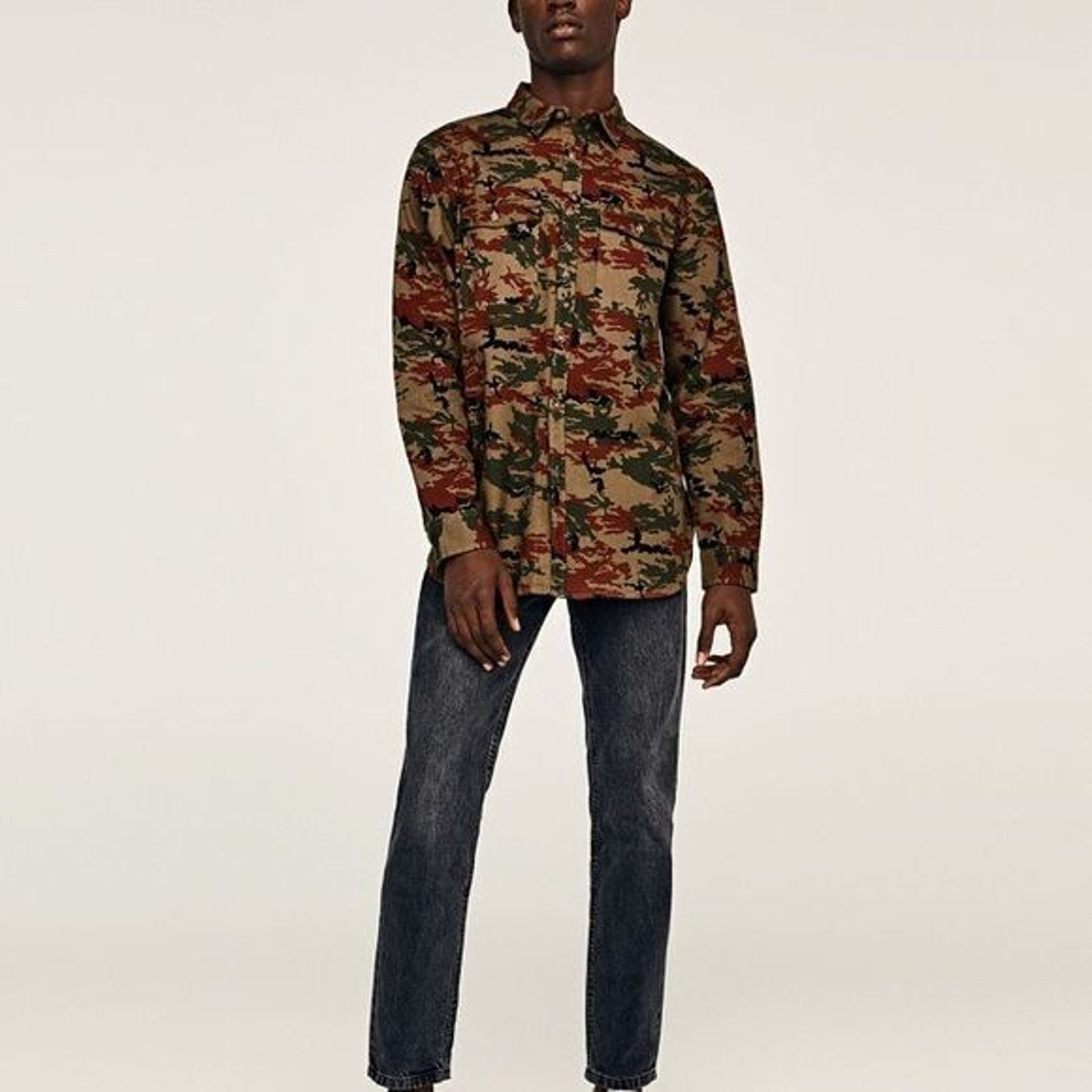 Zara Zara Man Camo Denim Shirt Brown Embroidered Tiger Mens S Size US S / EU 44-46 / 1 - 10 Thumbnail