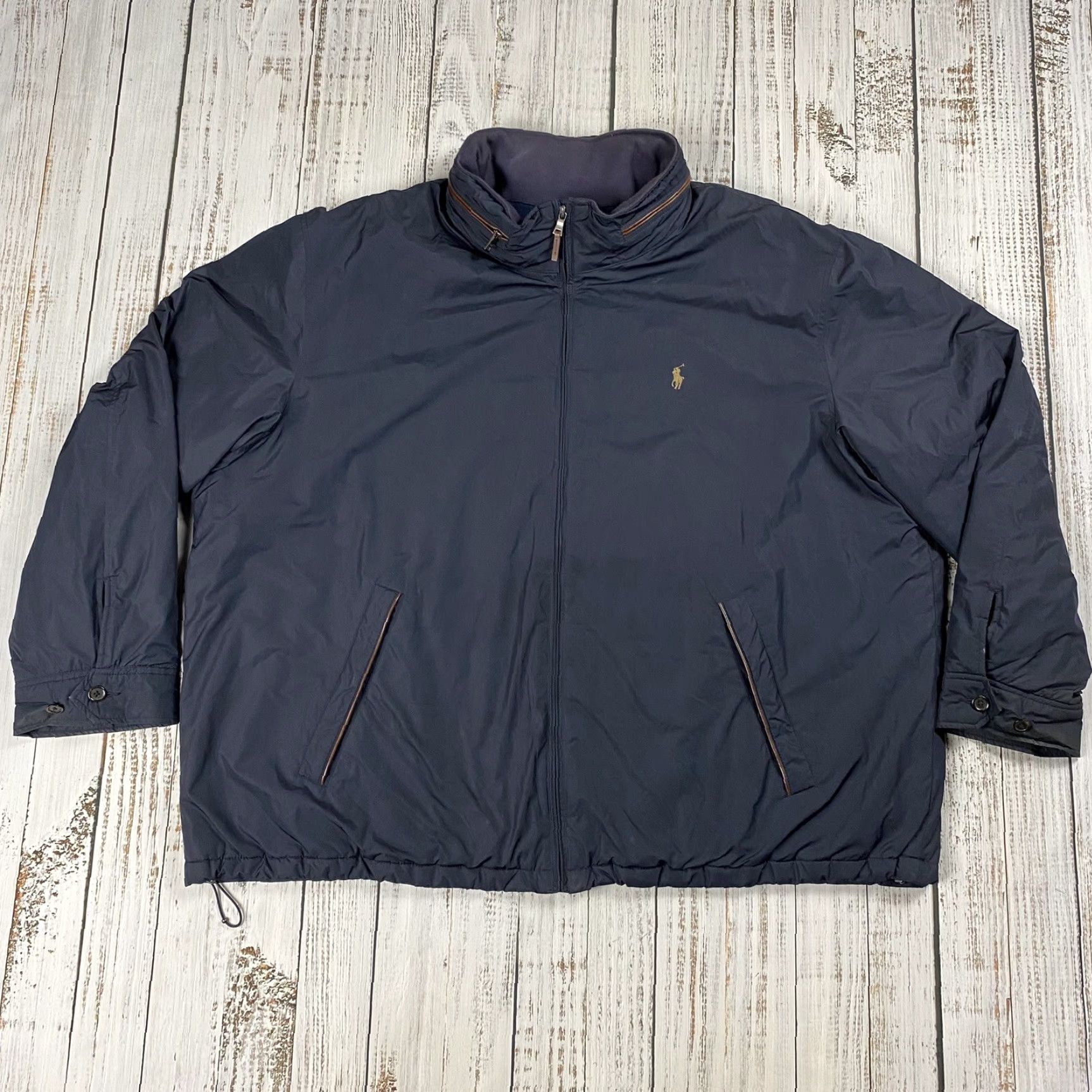 Polo Ralph Lauren VINTAGE Polo Ralph Lauren Puffer Equestrian Jacket 4XB BIG Navy Leather Trim Hooded Calf Leather Zipper Pockets Logo -Mens- Size US XXL / EU 58 / 5 - 2 Thumbnail