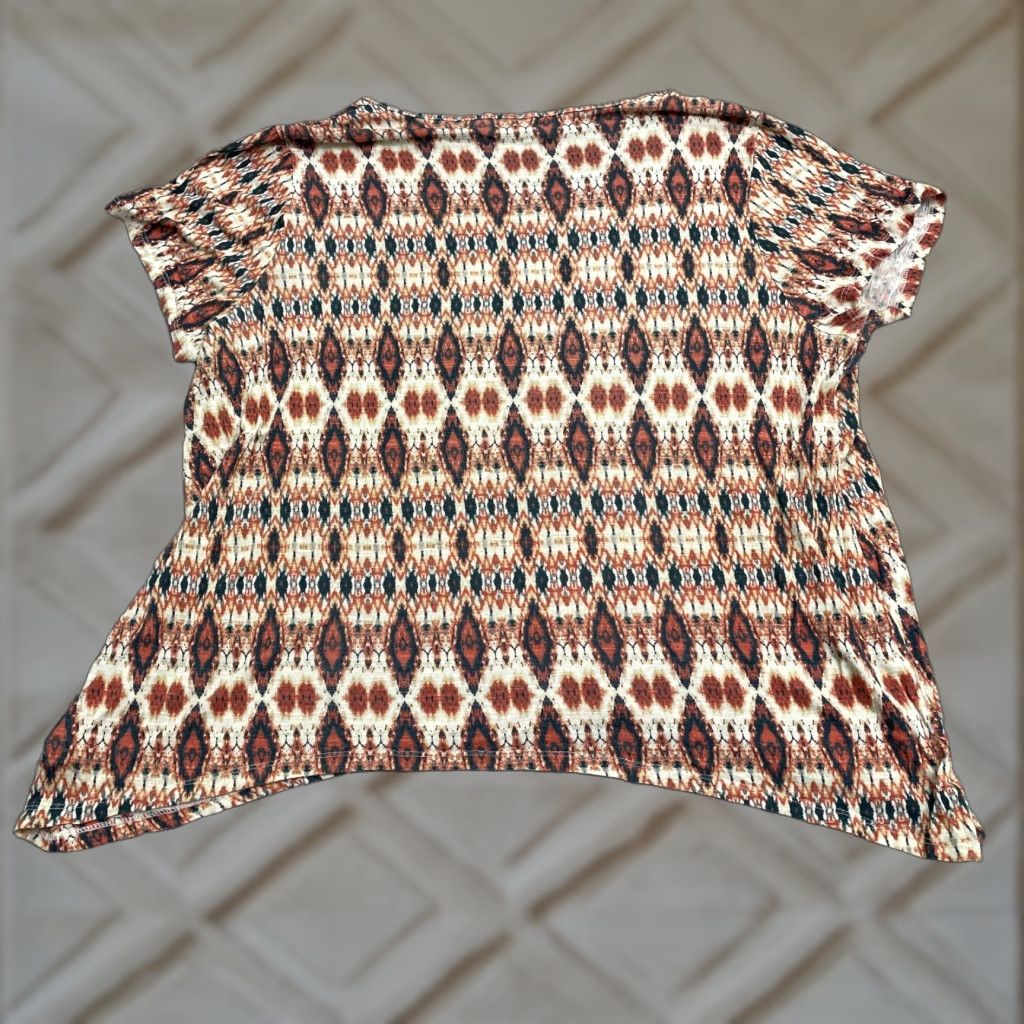 Vintage Cato Blouse Womens 22/24 Brown Geometric Short Sleeve Rayon Casual Aztec Bohemian Designer Knit Size 4XL / US 24-26 - 1 Thumbnail