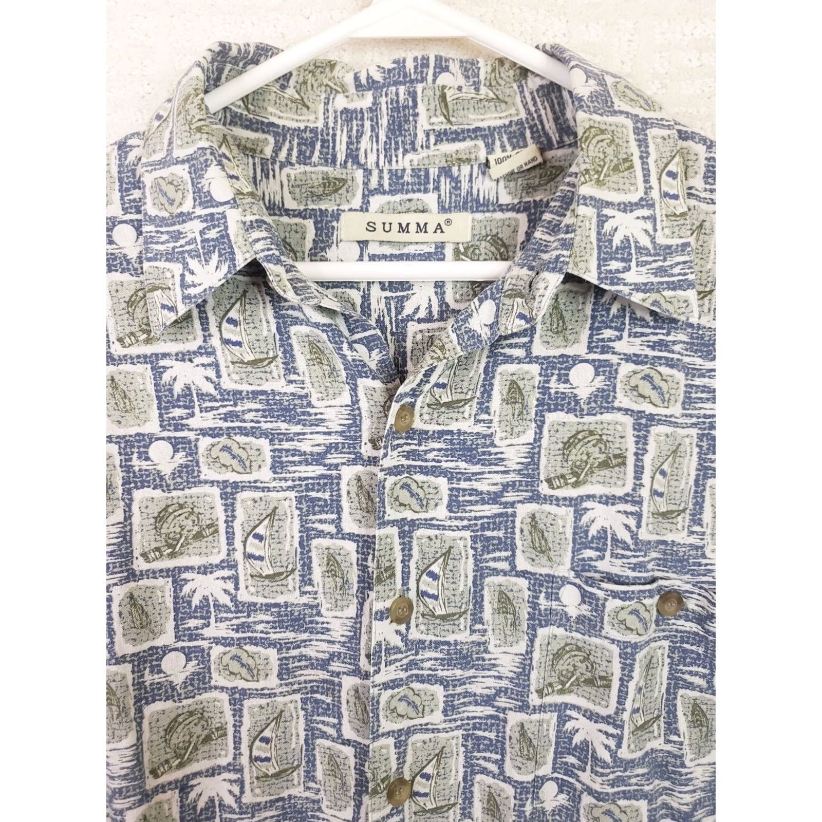 Vintage VINTAGE Summa Silk Shirt Mens L Lightweight Button-Up Short Sleeve Geometric Print Green Blue Collared Pockets Size US L / EU 52-54 / 3 - 5 Thumbnail