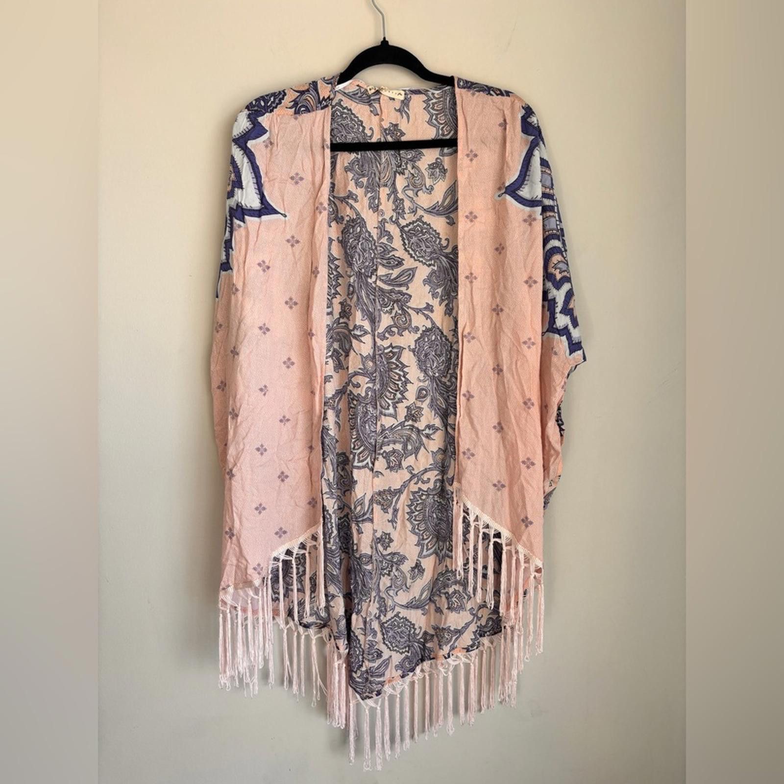 Rusty Pink and Blue Paisley Kimono with Fringe Size L / US 10 / IT 46 - 1 Thumbnail
