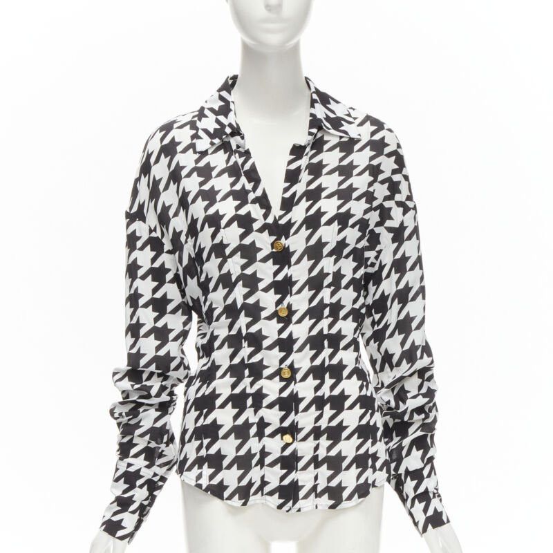 Balmain BALMAIN black white houndstooth viscose gold B button long sleeve blouse FR38 S Size M / US 6-8 / IT 42-44 - 1 Thumbnail