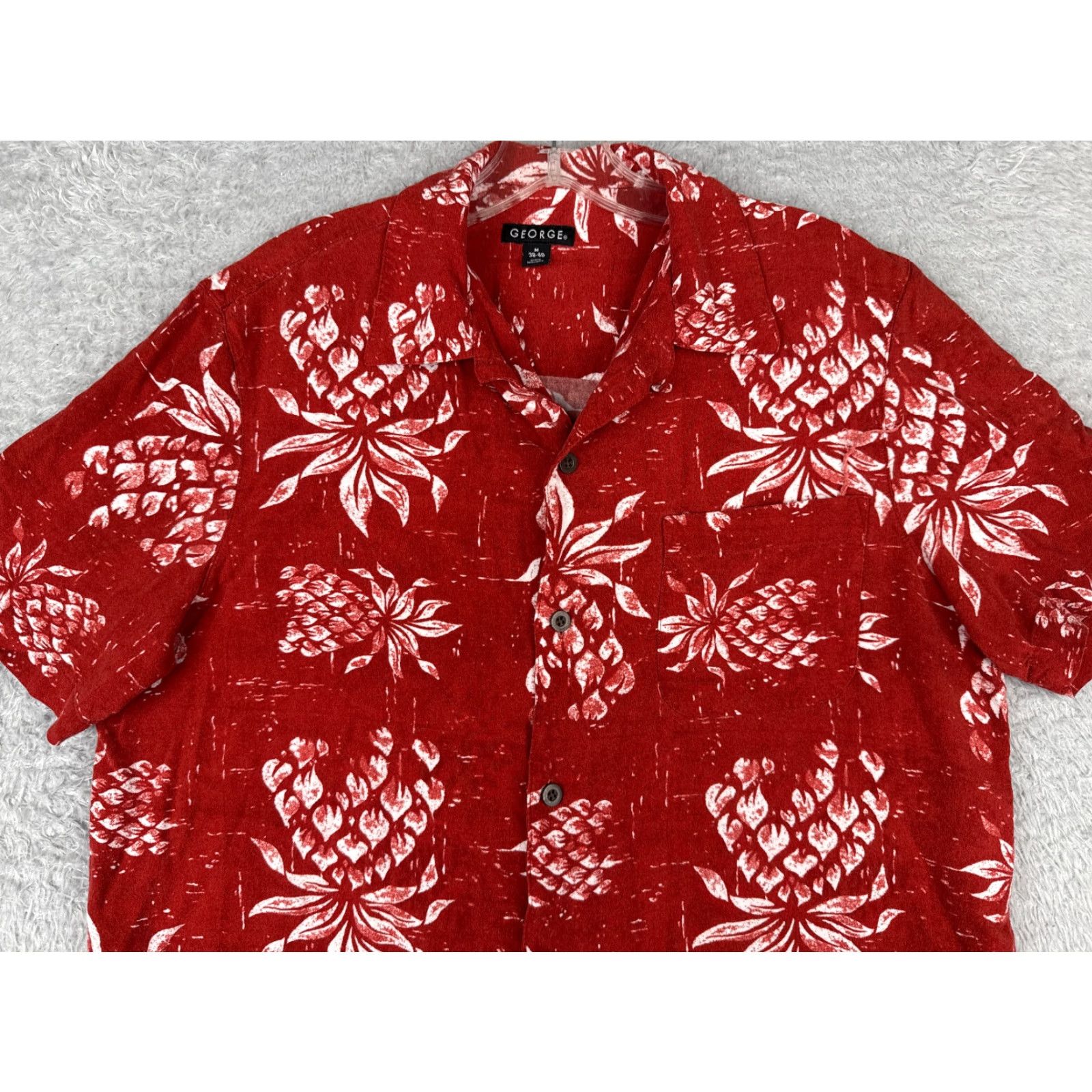 George George Men's Hawaiian Shirt Adult Medium Red Floral Button-Up 100% Rayon Size US M / EU 48-50 / 2 - 4 Thumbnail