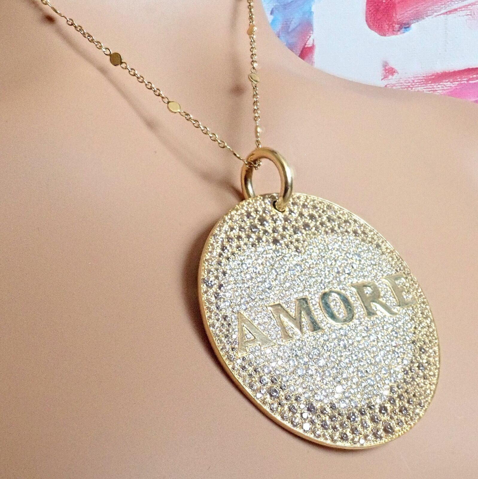 Yellow Gold Large Diamond + Sapp Amore Pendant Necklace