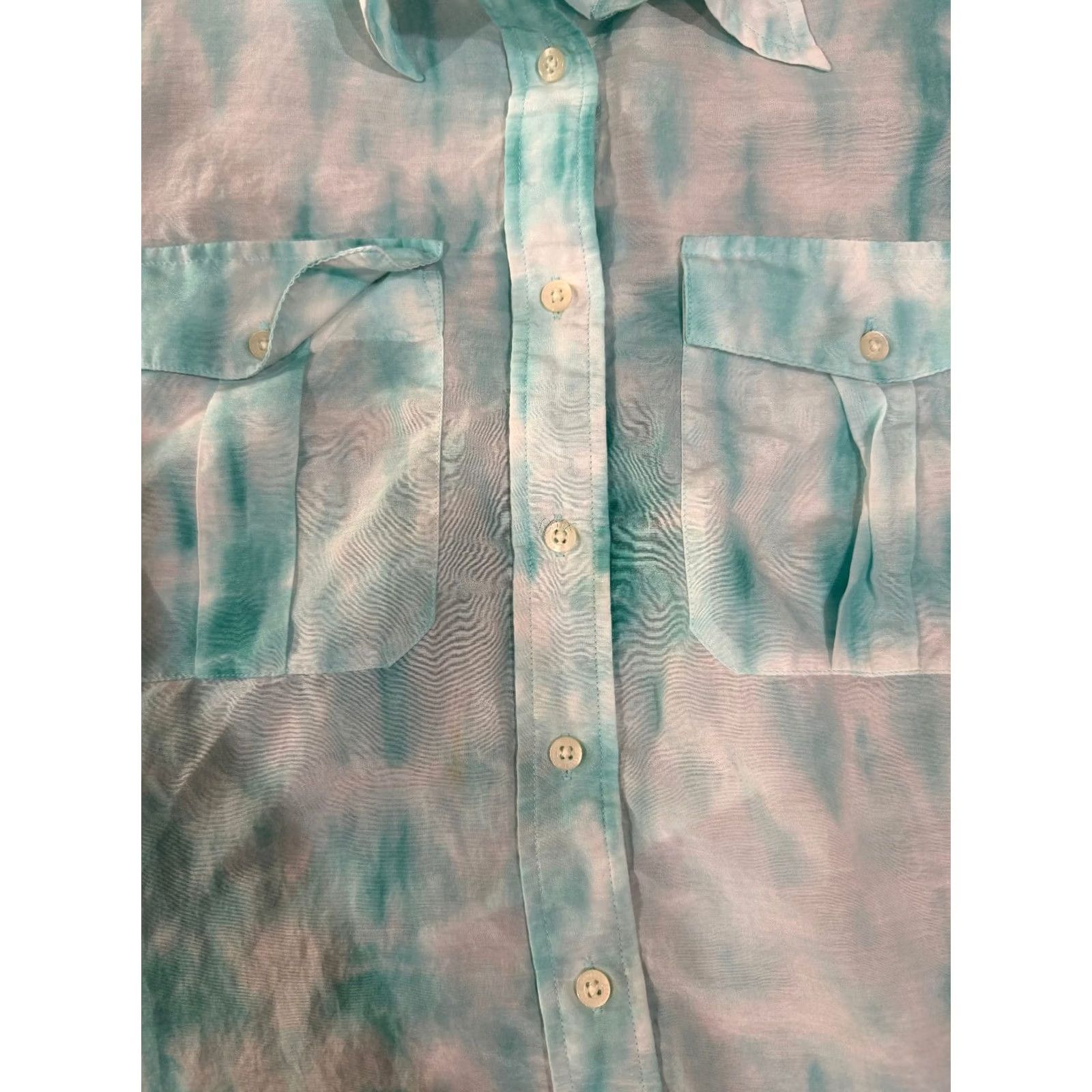Ralph Lauren Lauren Ralph Lauren Blouse Womens Petite Large Green White Sheer Button Up Silk Cotton Knit Casual Shirt Size L / US 10 / IT 46 - 5 Thumbnail