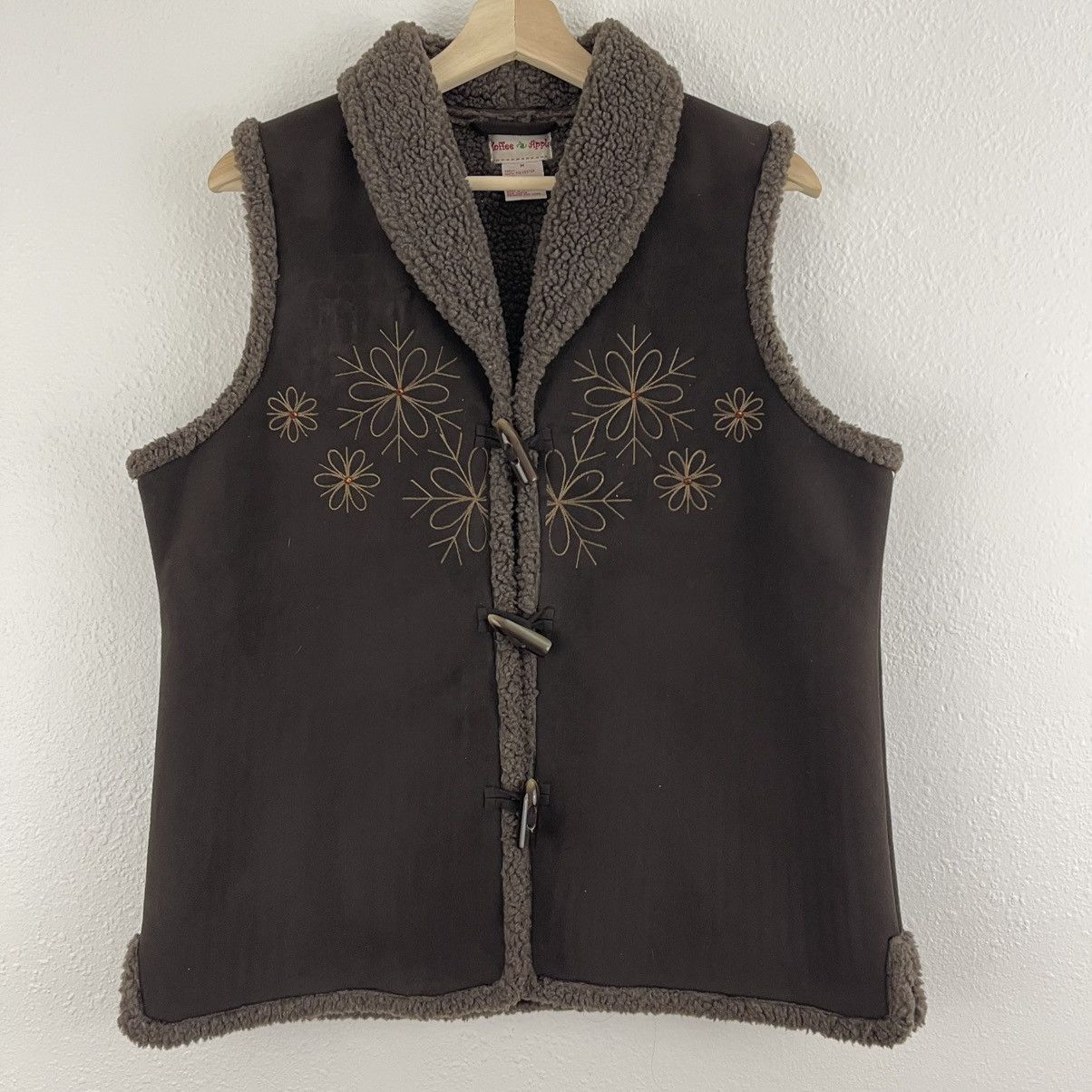 Vintage Y2K Brown Faux Suede Sherpa Toggle Button Up Floral Vest Size M / US 6-8 / IT 42-44 - 3 Thumbnail