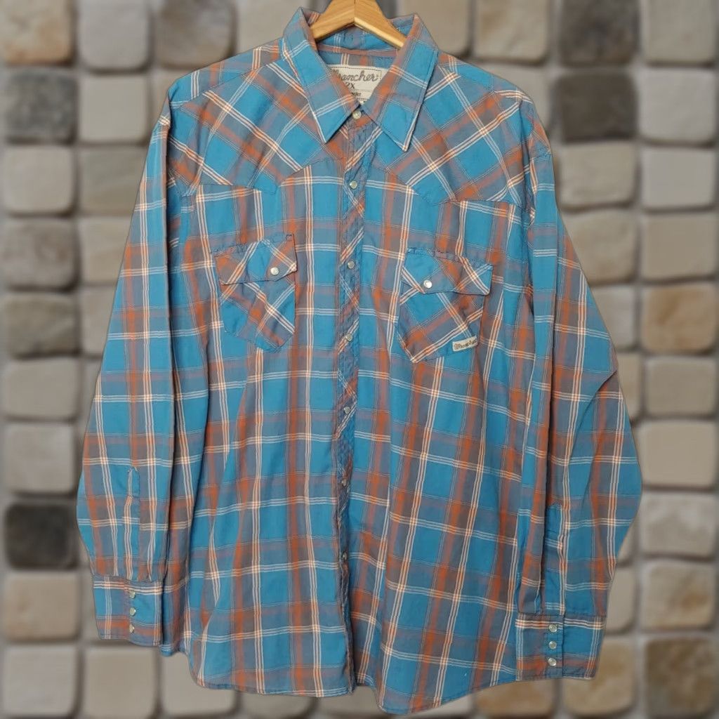 Wrangler VINTAGE Wrangler Wrancher Shirt Men 2X Pearl Snap Western Blue White Plaid Long Sleeve Size US XXL / EU 58 / 5 - 1 Thumbnail