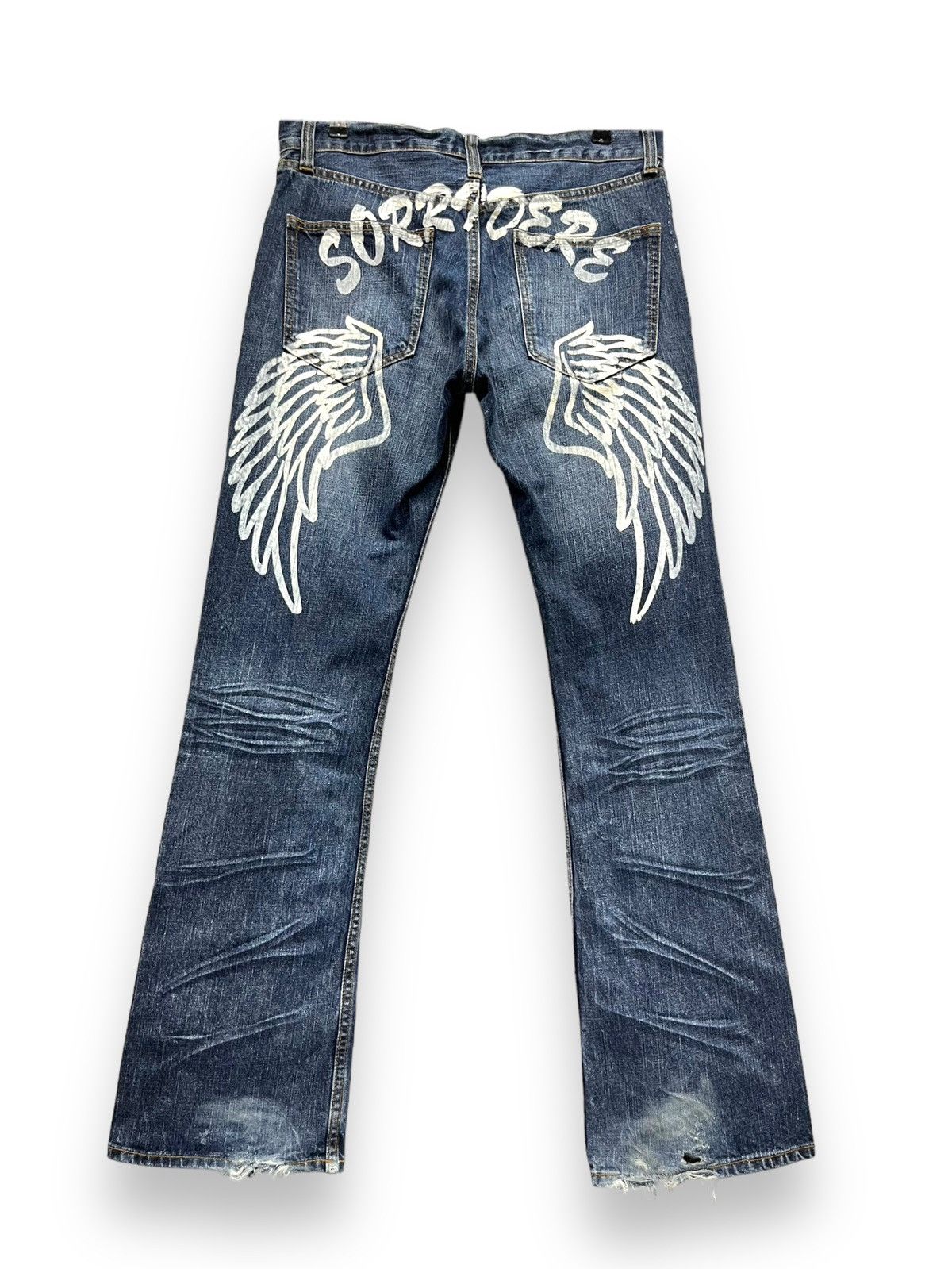 Japanese Brand 🔥VERYRARE🔥SORRIDERE Punk Angel Wings Printed Flare Denim💥 Size US 32 / EU 48 - 3 Thumbnail