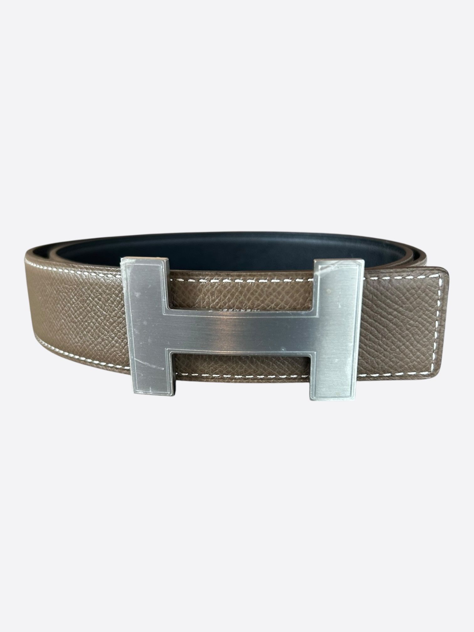 Hermes Etoupe & Black Palladium Reversible Constance Belt