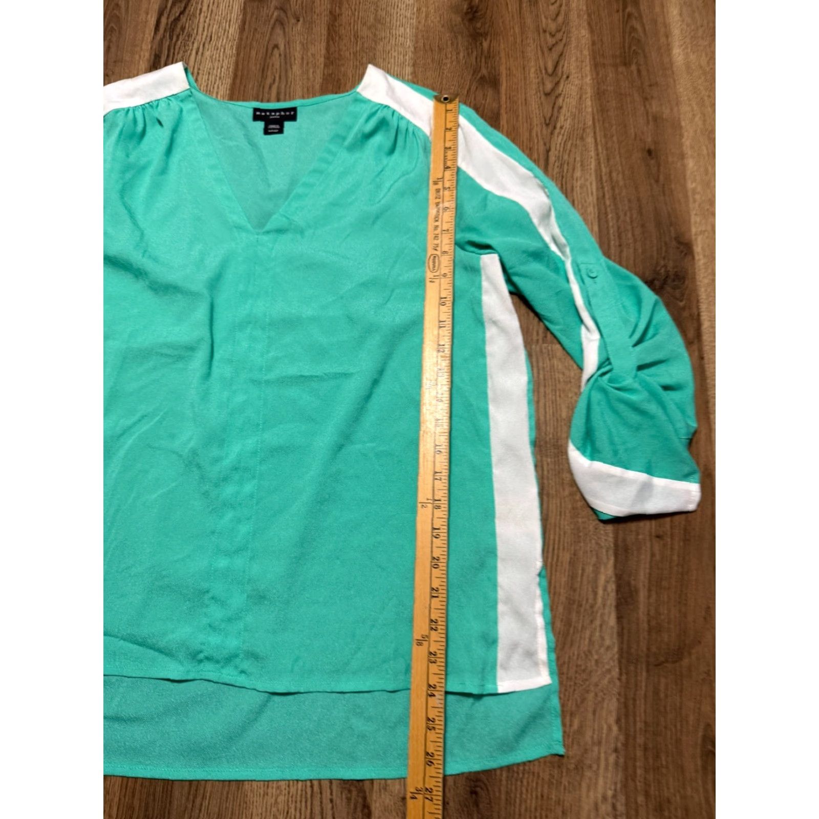 Vintage Metaphor Blouse Women's XL Petite Green White V-neck Long Sleeve Shirt Ladies Regular Fit - Modern Basic Casual - Womens Size XL / US 12-14 / IT 48-50 - 7 Thumbnail