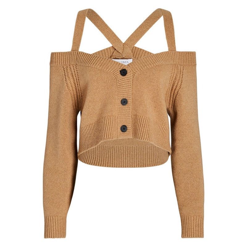 INTERMIX Intermix Beige Rumi Cold Shoulder V-Neck Button Cardigan P Size S / US 4 / IT 40 - 1 Thumbnail