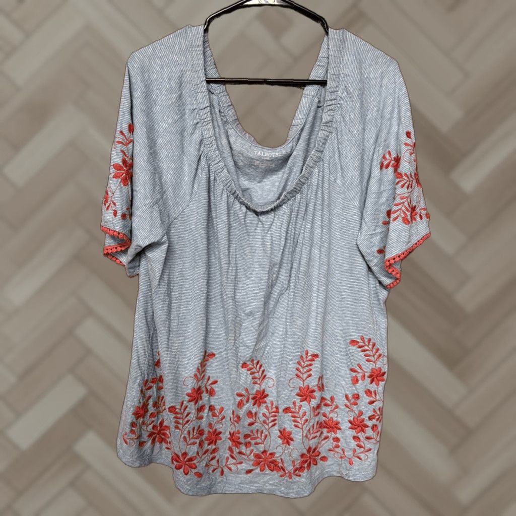 Talbots Talbots Shirt Blouse 2X Plus Floral Blue Embroidered Short Sleeve crew neck casual workwear Size XXL / US 16-18 / IT 52-54 - 1 Thumbnail