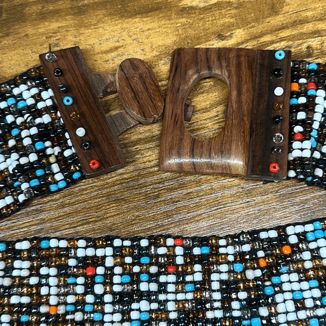 Vintage VINTAGE Women's Beaded Belt One Size Wide Wooden Hook Buckle Retro Boho Stretch Fit Brown W 2.25” Size ONE SIZE - 7 Thumbnail