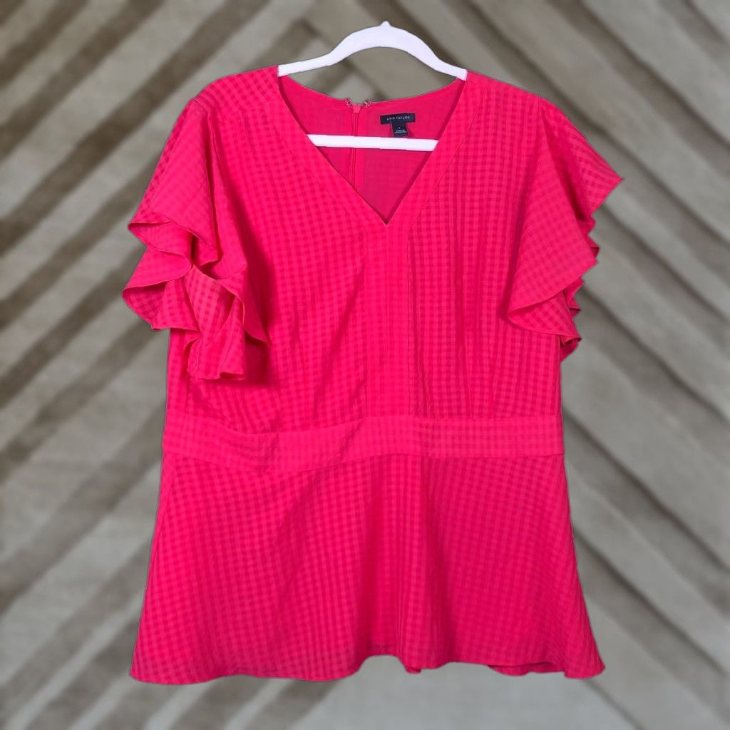 Ann Taylor Ann Taylor Blouse Red V-Neck Short Sleeve Lined Zip Back Large Women’s Size L / US 10 / IT 46 - 1 Thumbnail