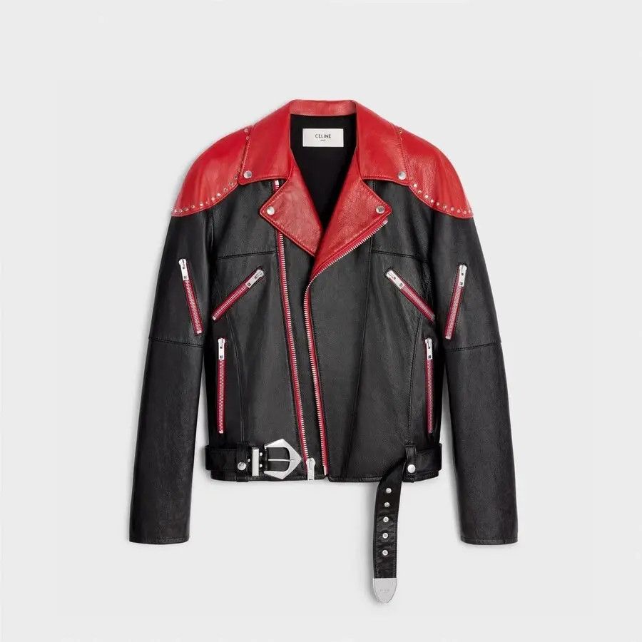 image of Celine O1W1Db10324 Studded Biker Jacket In Black/red in Black Red, Men's (Size XL)