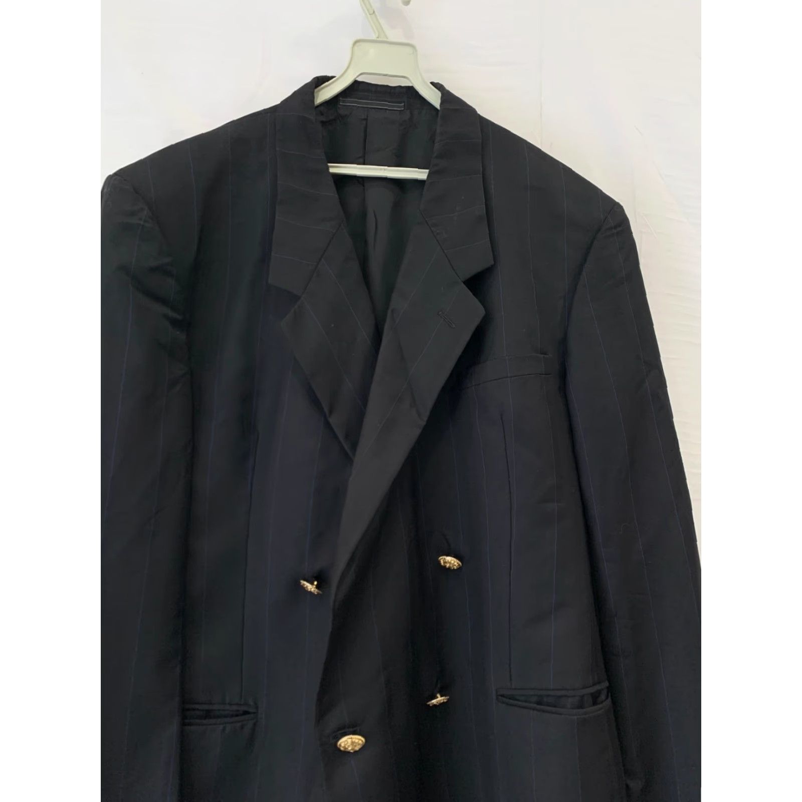 Versace V2 by Versace Blazer Men 50R Double Breasted Wool Black Pinstripe Gold Buttons Vintage Jacket Size 50R - 7 Thumbnail