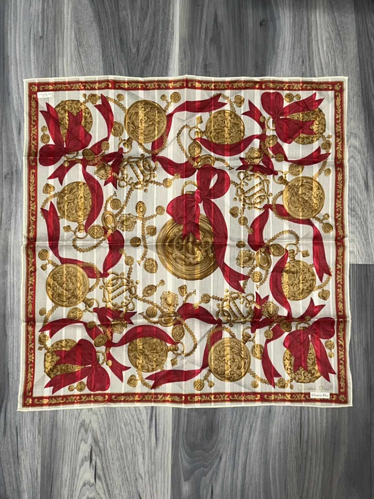 Dior Christian Dior Gold Chain Red Ribbon Cotton Handkerchief Size ONE SIZE - 2 Thumbnail