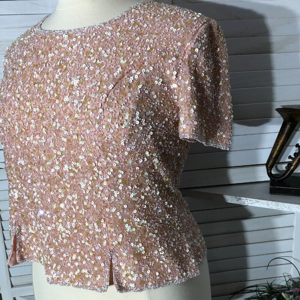 Vintage beaded sequined silk shiny pink blouse cocktail Sz XL Size XL / US 12-14 / IT 48-50 - 11 Thumbnail
