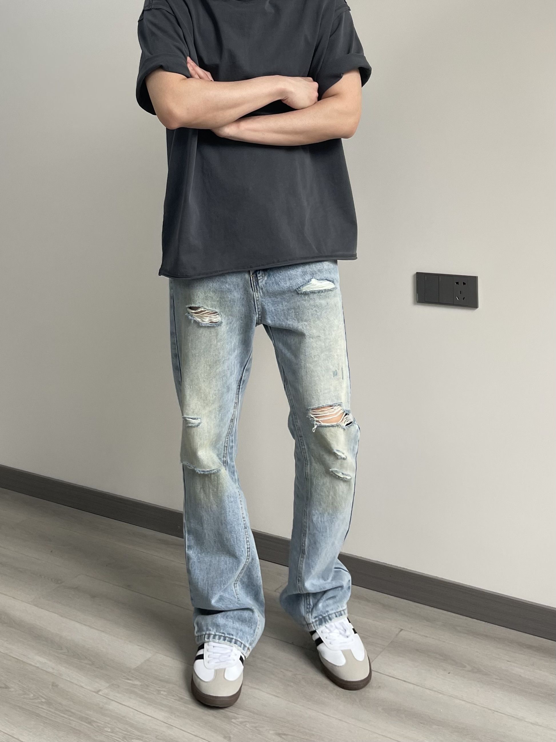 faded washed damaged grunge flared jeans