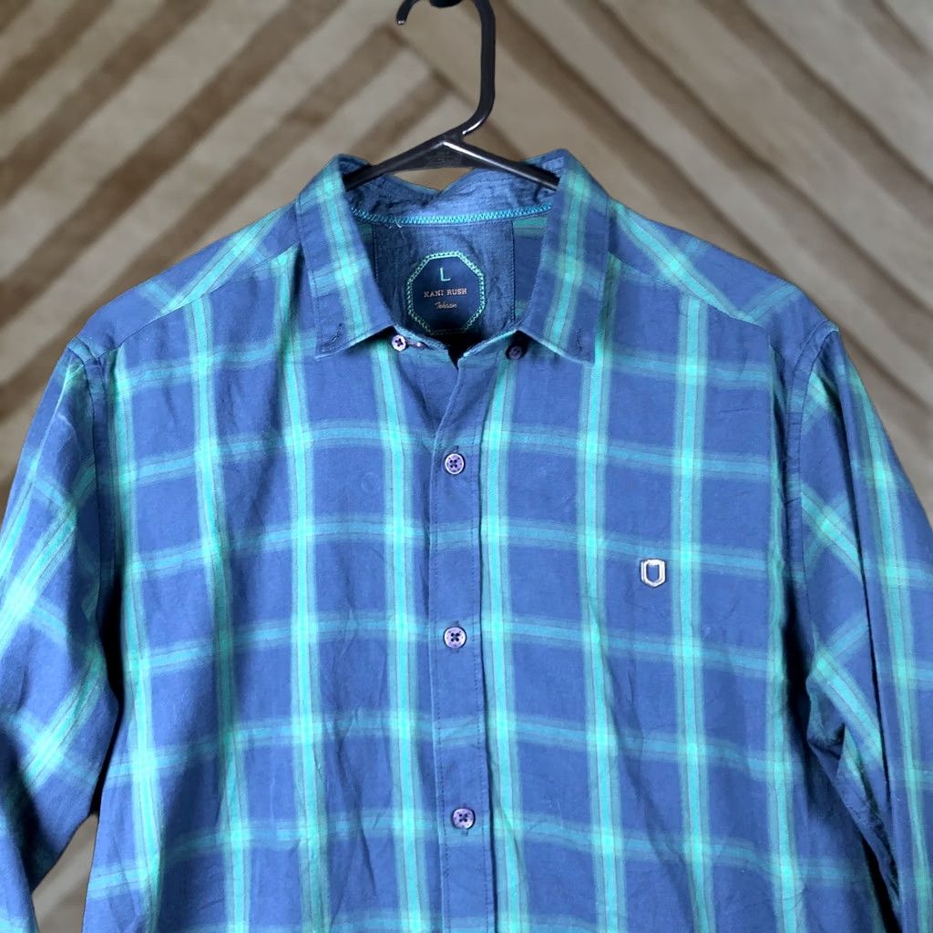 Vintage Kani Rush Mens Shirt Blue Green Plaid Button-Down 100% Cotton Long Sleeve Large L Regular Mens Size US L / EU 52-54 / 3 - 1 Thumbnail
