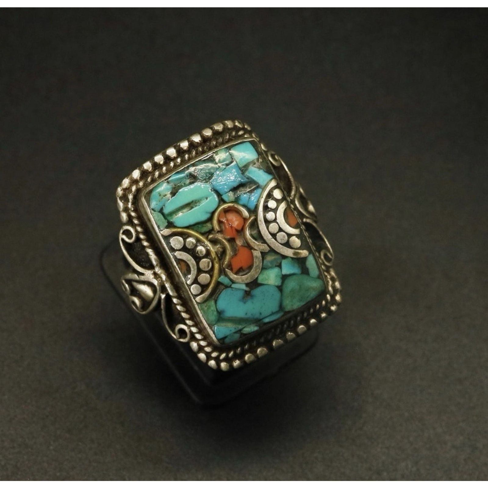 Other Antique Old Turquoise & Coral Tibetan Ring Size 11 Size ONE SIZE - 1 Thumbnail