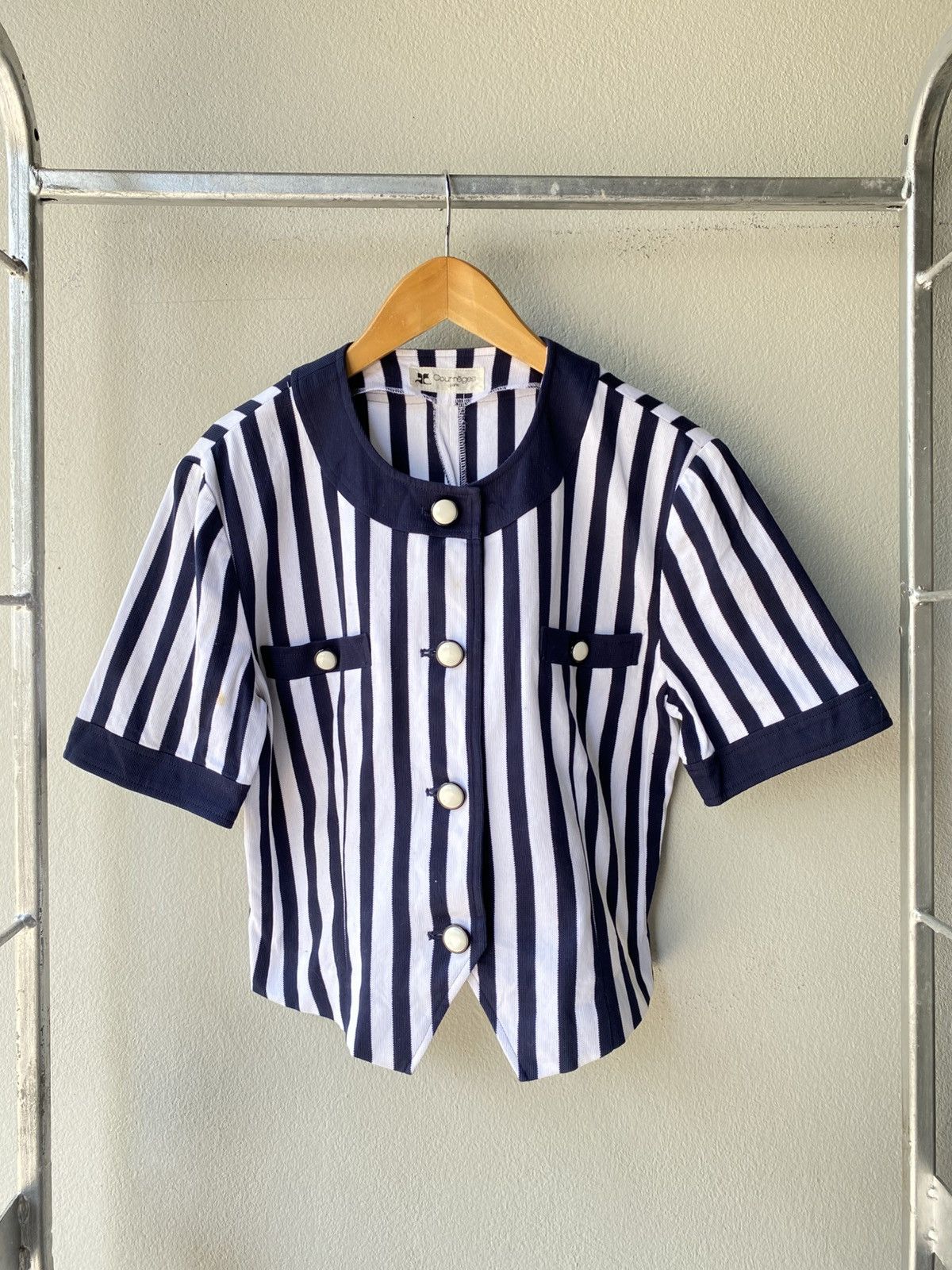 Courrèges Navy Chic Striped Button-Up Blouse.