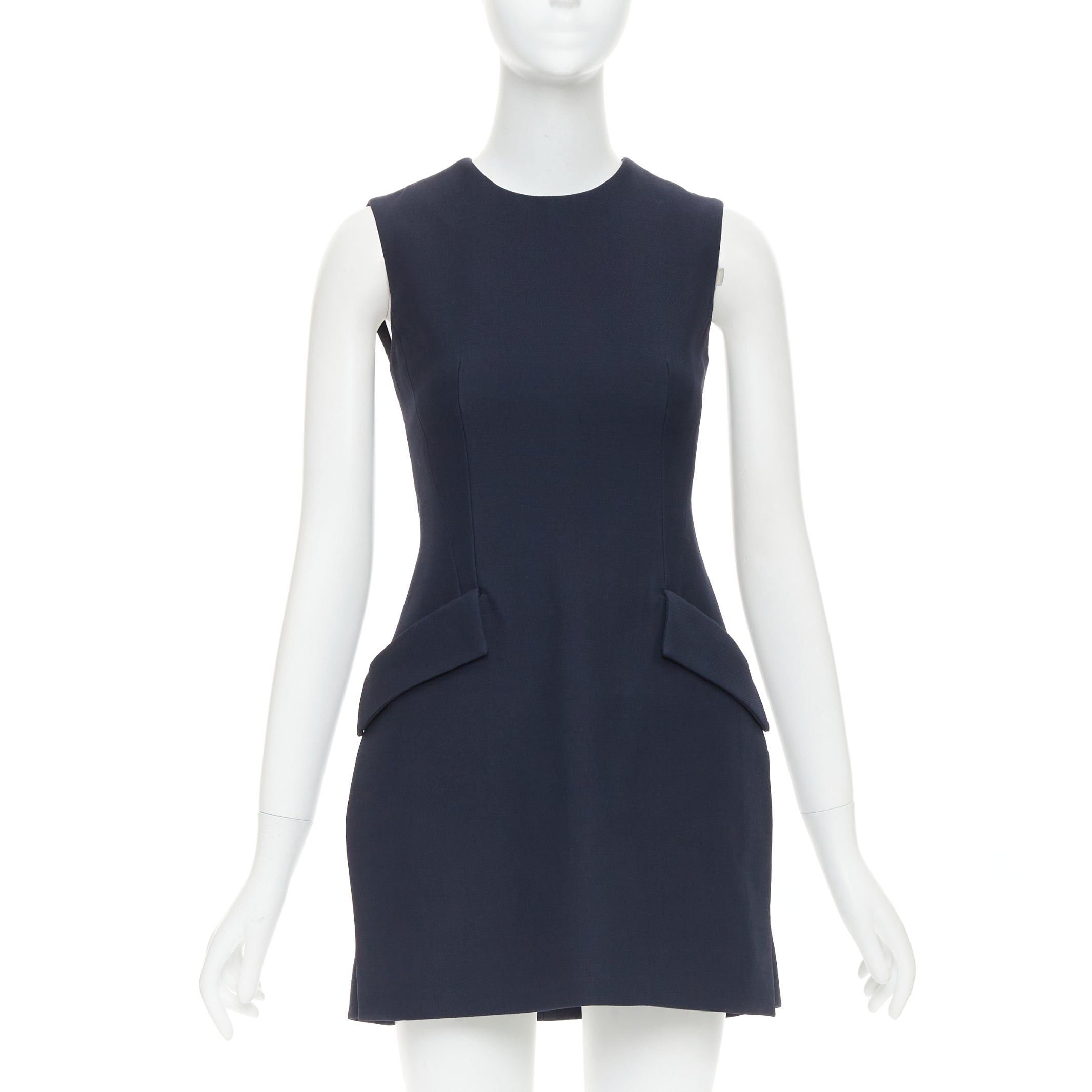 Dior CHRISTIAN DIOR navy wool silk flap pocket darted slit sided sleeveless Aline dress FR34 XS Size XS / US 0-2 / IT 36-38 - 1 Thumbnail