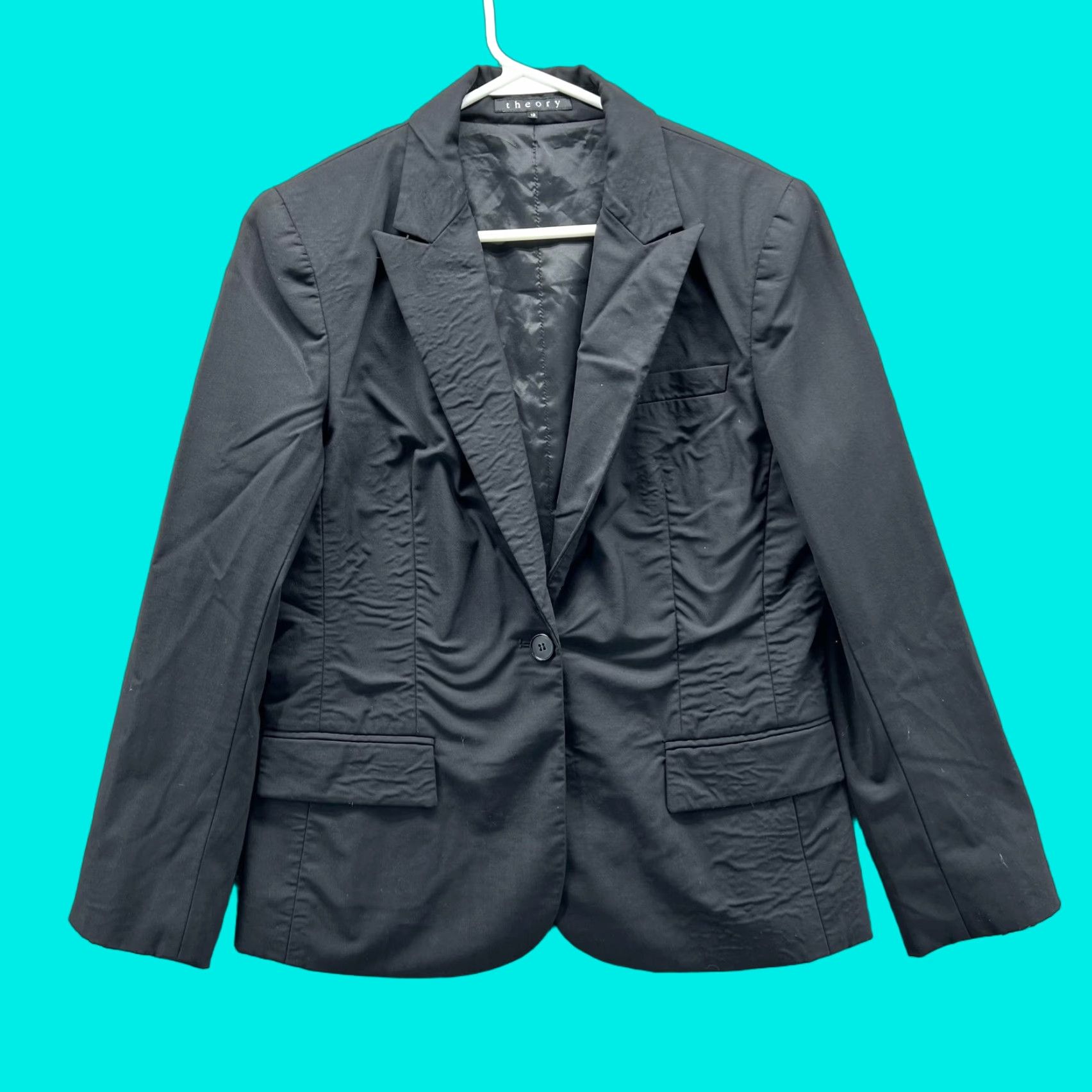 Theory Theory Blazer Womens 12 Black One-Button Notch Lapel Lined Tailored Jacket Woman Business Workwear Shirt/Coat (Jacket) Size XL / US 12-14 / IT 48-50 - 1 Thumbnail