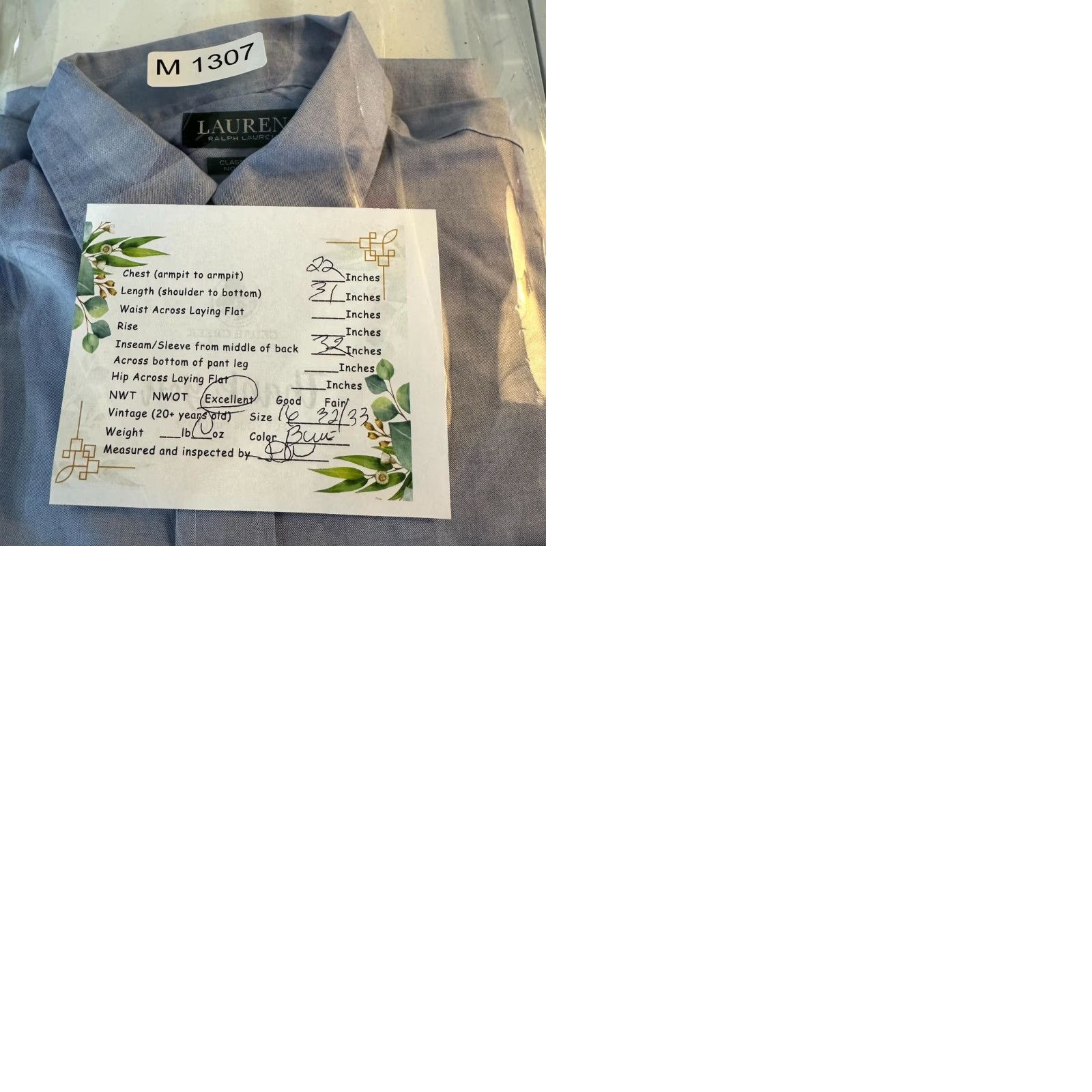 Ralph Lauren Lauren Ralph Lauren Dress Shirt Men 16 32/33 Blue Cotton Button-Down Shirt, Long Sleeve, Classic Fit Size 42R - 10 Thumbnail