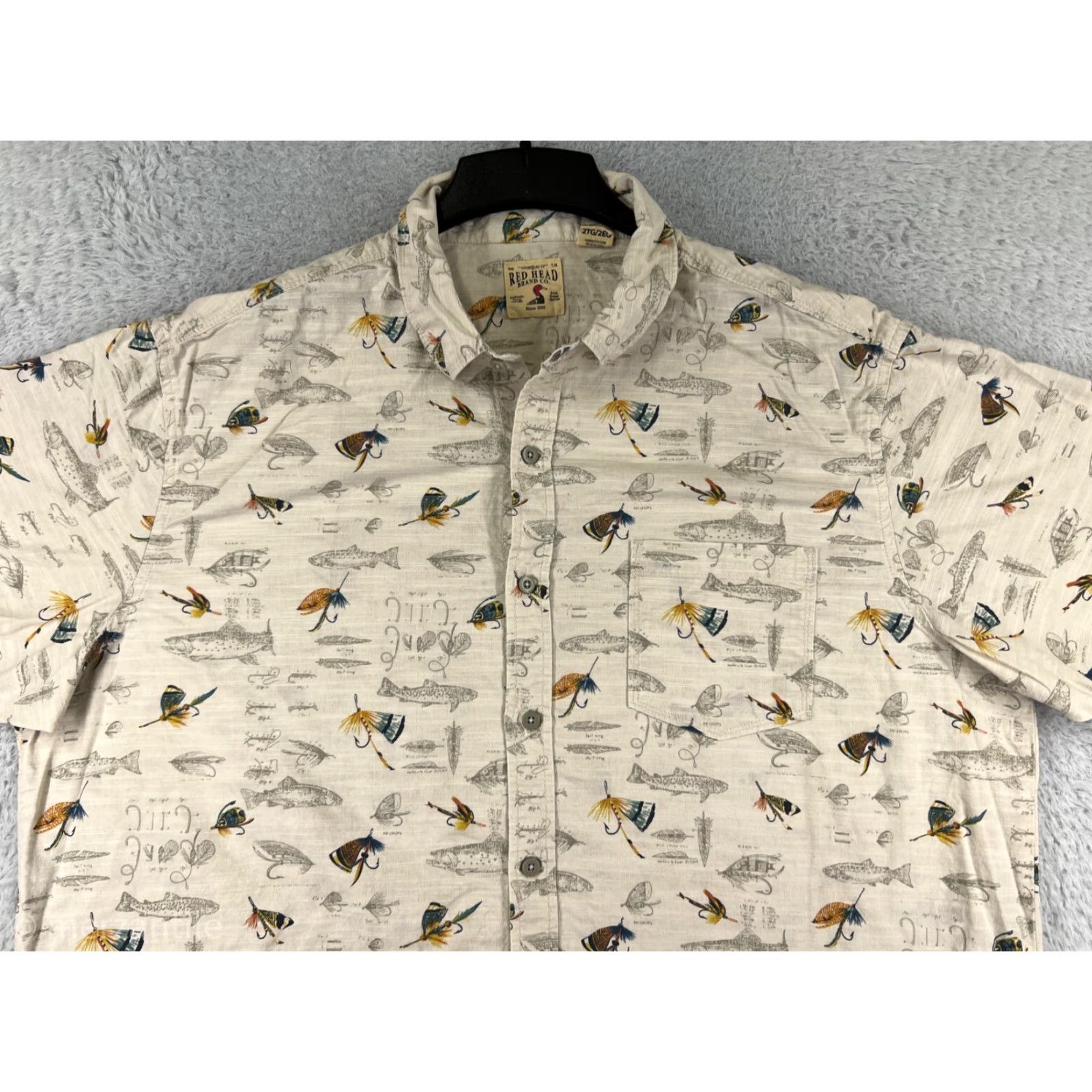 Gloverall RedHead Shirt Mens 2XL Beige Fishing Fly All Over Print Angler 100% Cotton Shirt Men's Beige Fishing Angler 100% Cotton 2XL RedHead Size US XXL / EU 58 / 5 - 5 Thumbnail