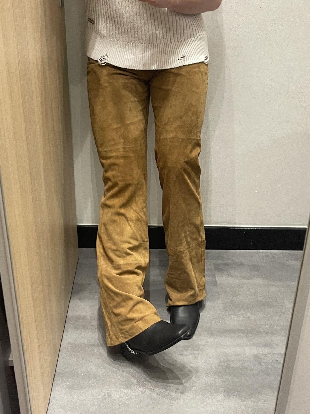 image of Avant Garde x Dolce Gabbana Leather Pattern Cowboy Biker Brown Pants (Size 32)