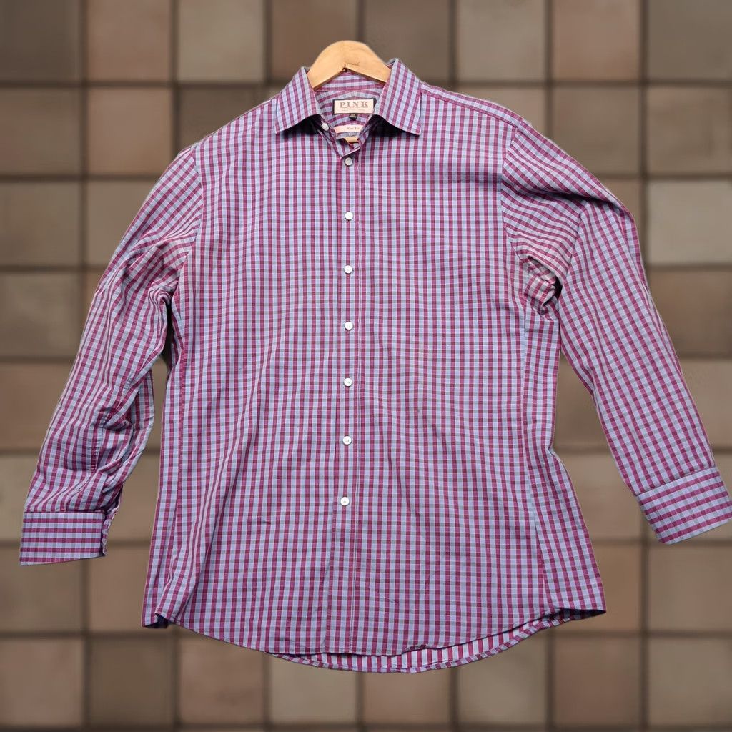 Vintage Thomas Pink Dress Shirt Slim Fit Men's 16.5 Purple Blue Size 46R - 1 Thumbnail