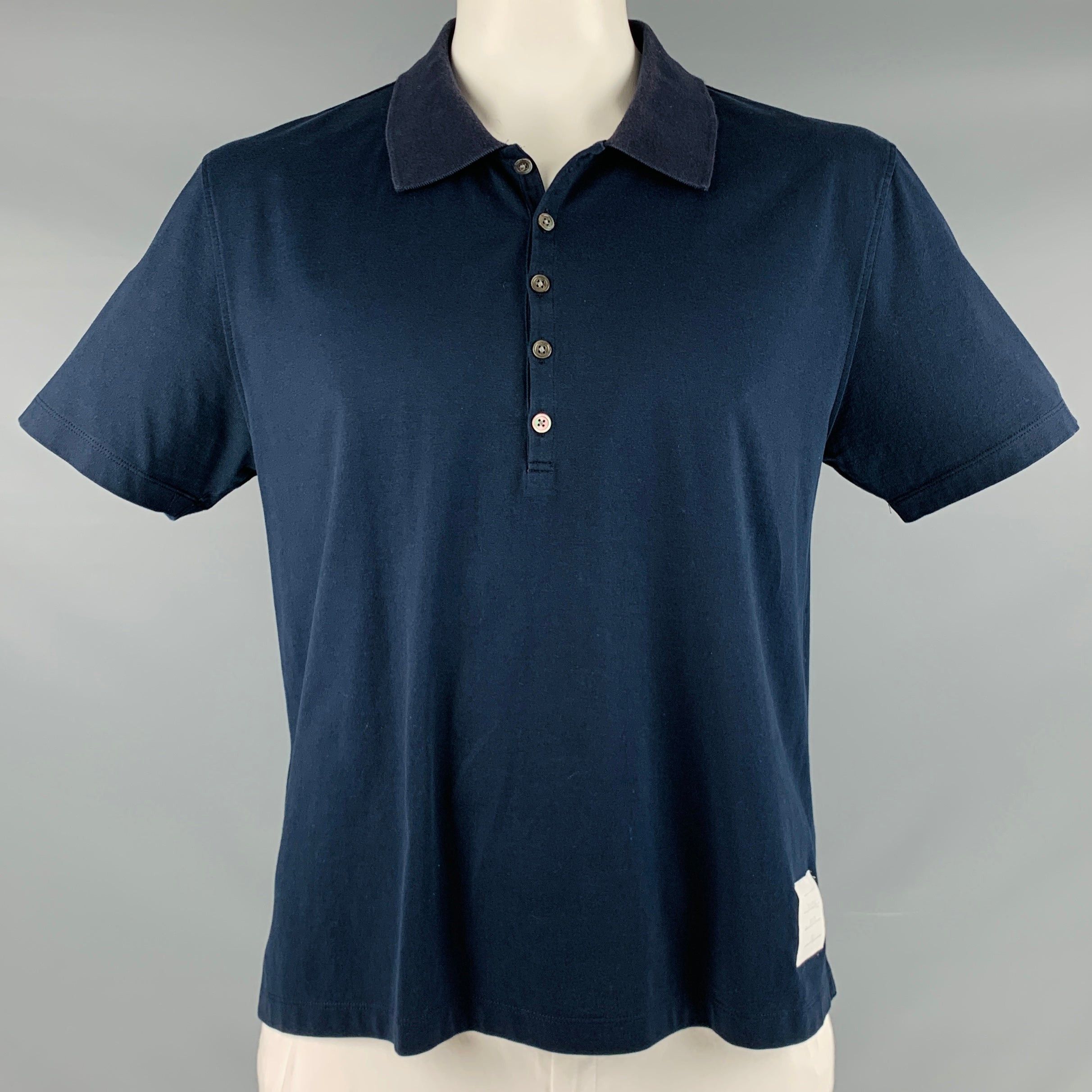 image of Thom Browne Navy Cotton Long Placket Polo, Men's (Size XL)