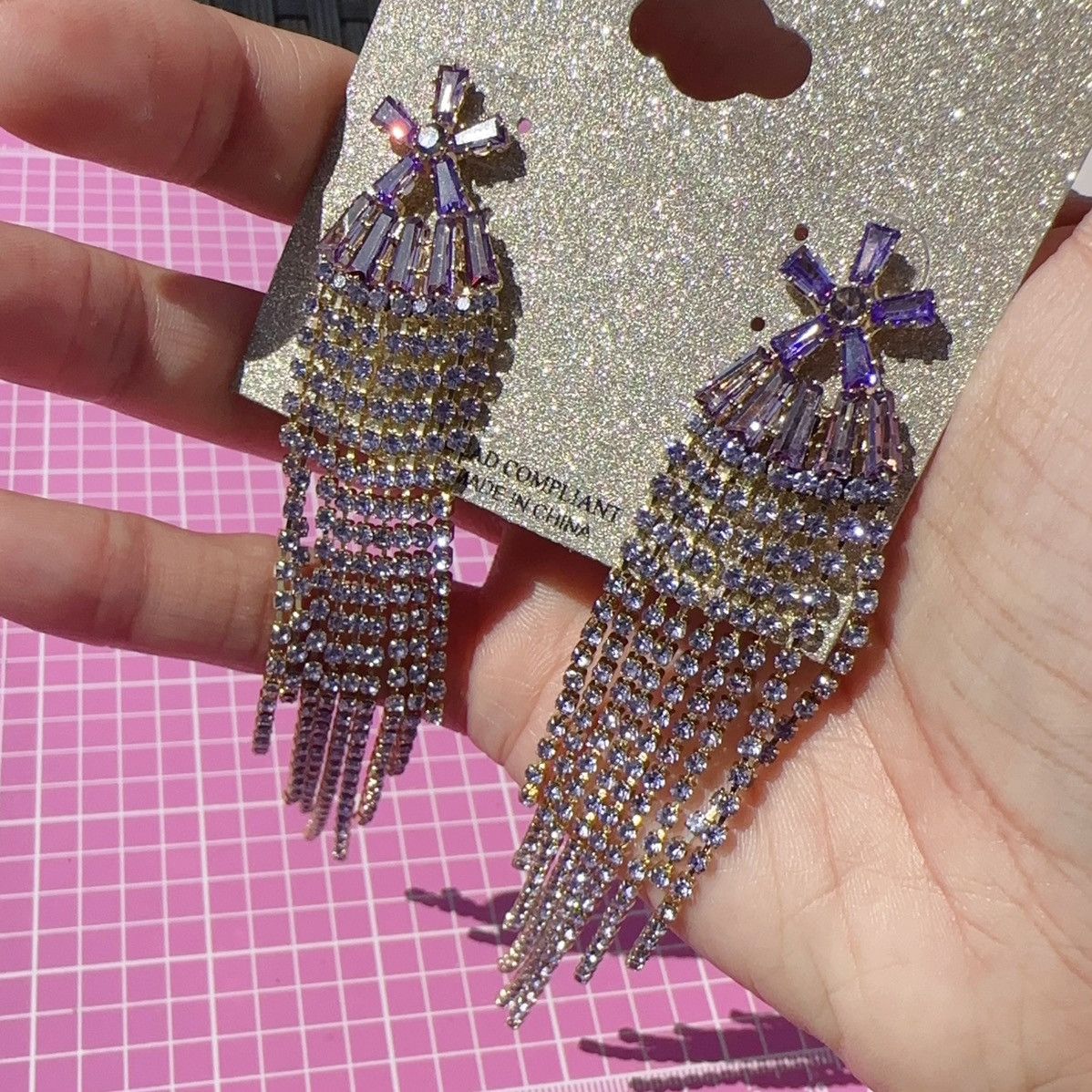 Designer Natasha gold tone purple crystal flower tassel earrings Size ONE SIZE - 2 Thumbnail