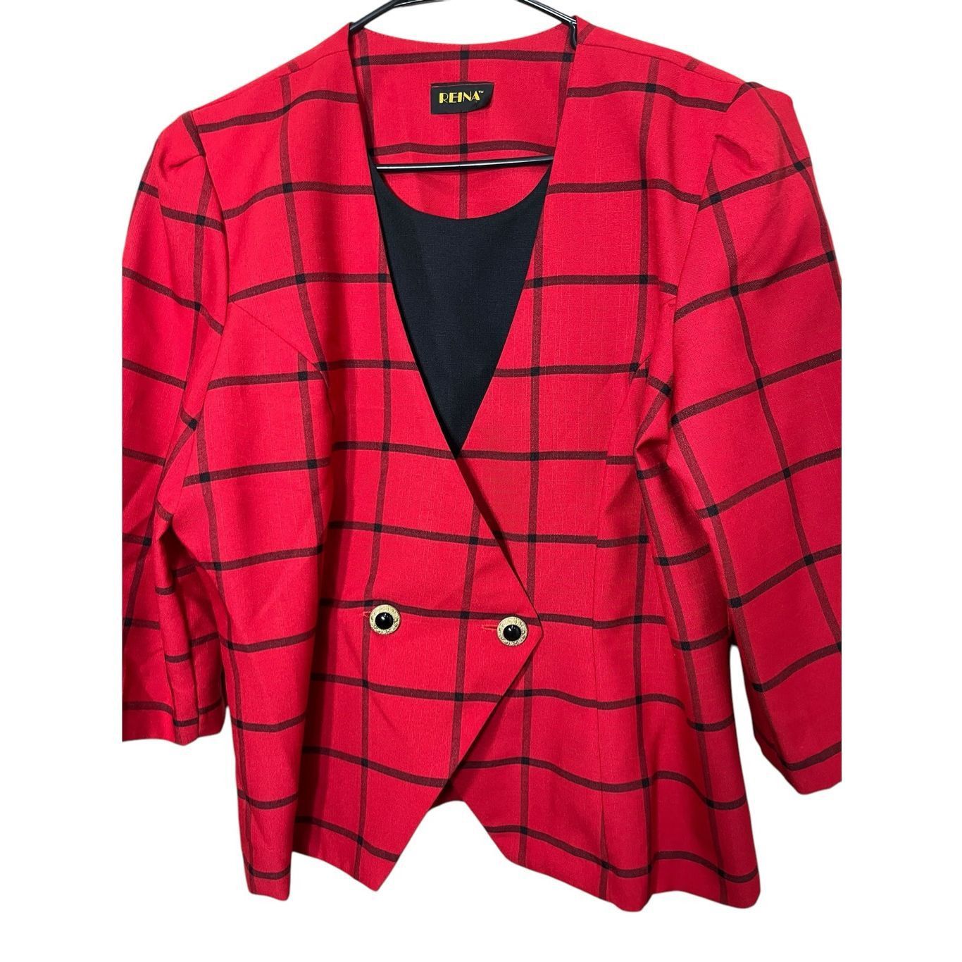 Other Vintage Reina Red Black Window Pane Plaid Blazer Size L/XL Size L / US 10 / IT 46 - 2 Thumbnail