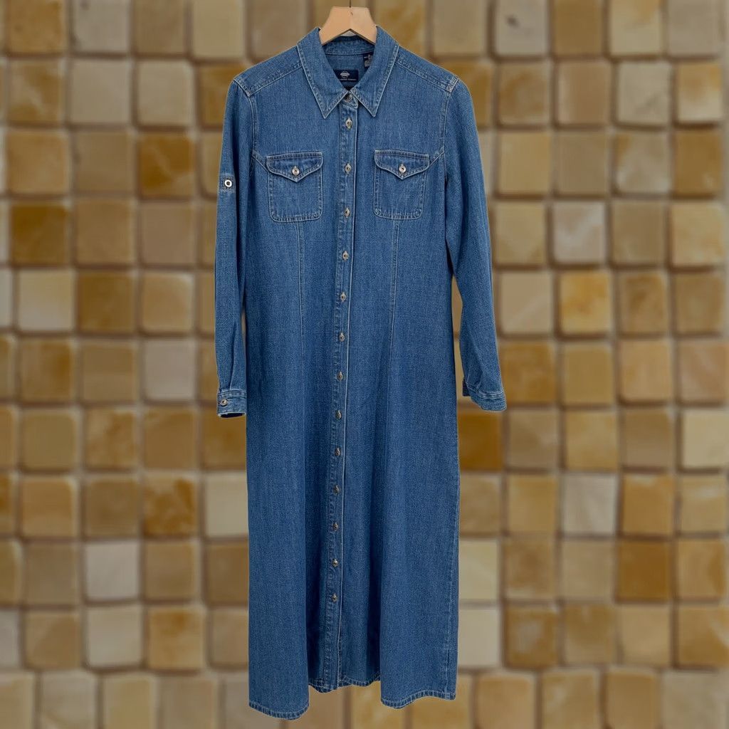 liz claiborne denim dress VINTAGE Liz Claiborne Womens 10 Blue Long Sleeve Button Maxi Bran 48 Inch 5 Off-Shoulder Vintage liz Color:Black/Blue Floral