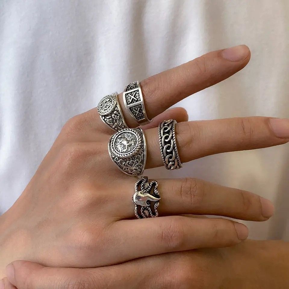 Jewelry Ring Set 5 pcs gothic punk rock style Size ONE SIZE - 1 Thumbnail