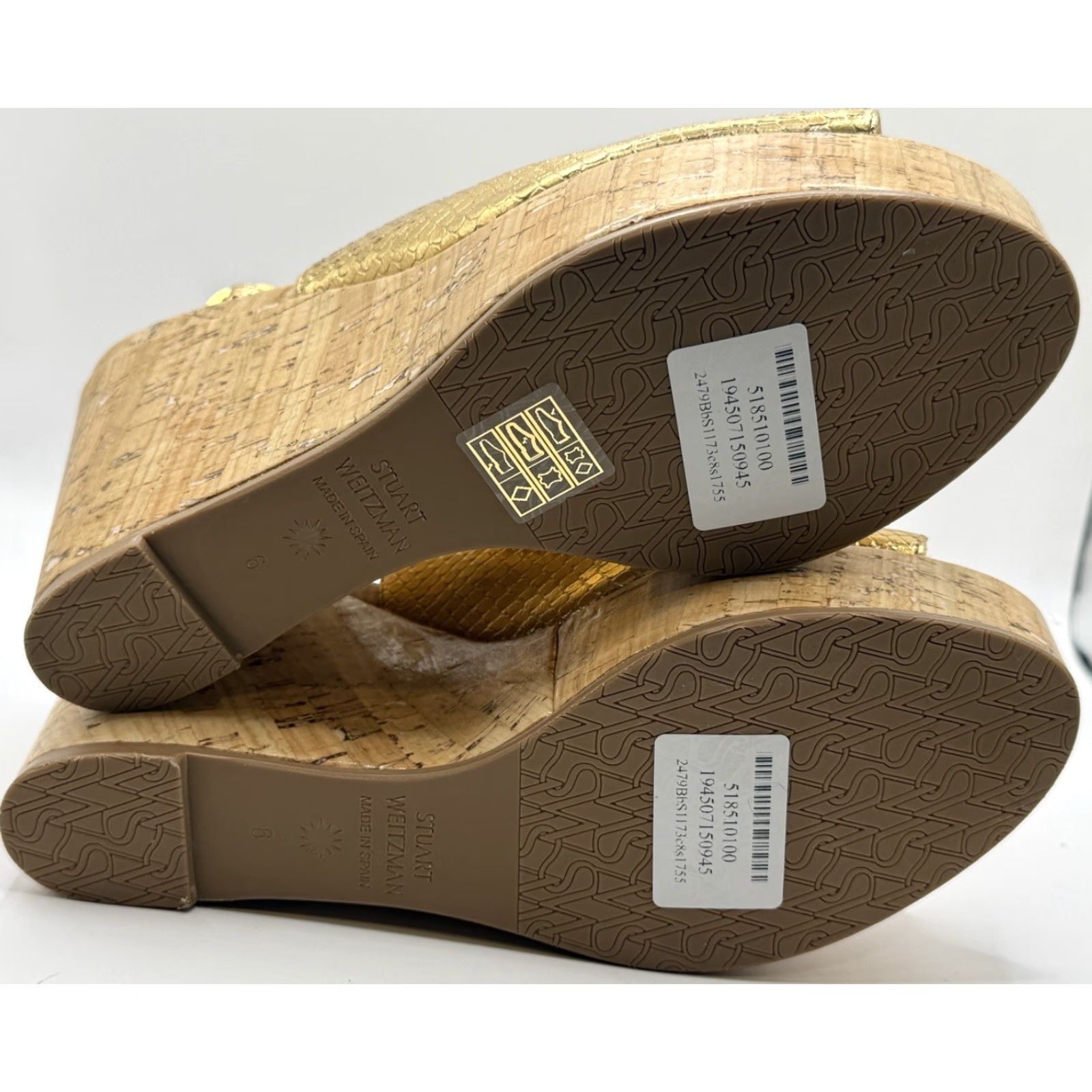 Stuart Weitzman STUART WEITZMAN Riveria Gold Python-Embossed Metallic Leather Cork Wedge 6 Size US 6 / IT 36 - 6 Thumbnail