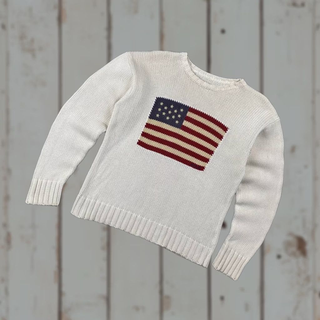 Polo Ralph Lauren VINTAGE Polo Ralph Lauren Knit Sweater Flag USA 90s Women Size S White Size S / US 4 / IT 40 - 1 Thumbnail