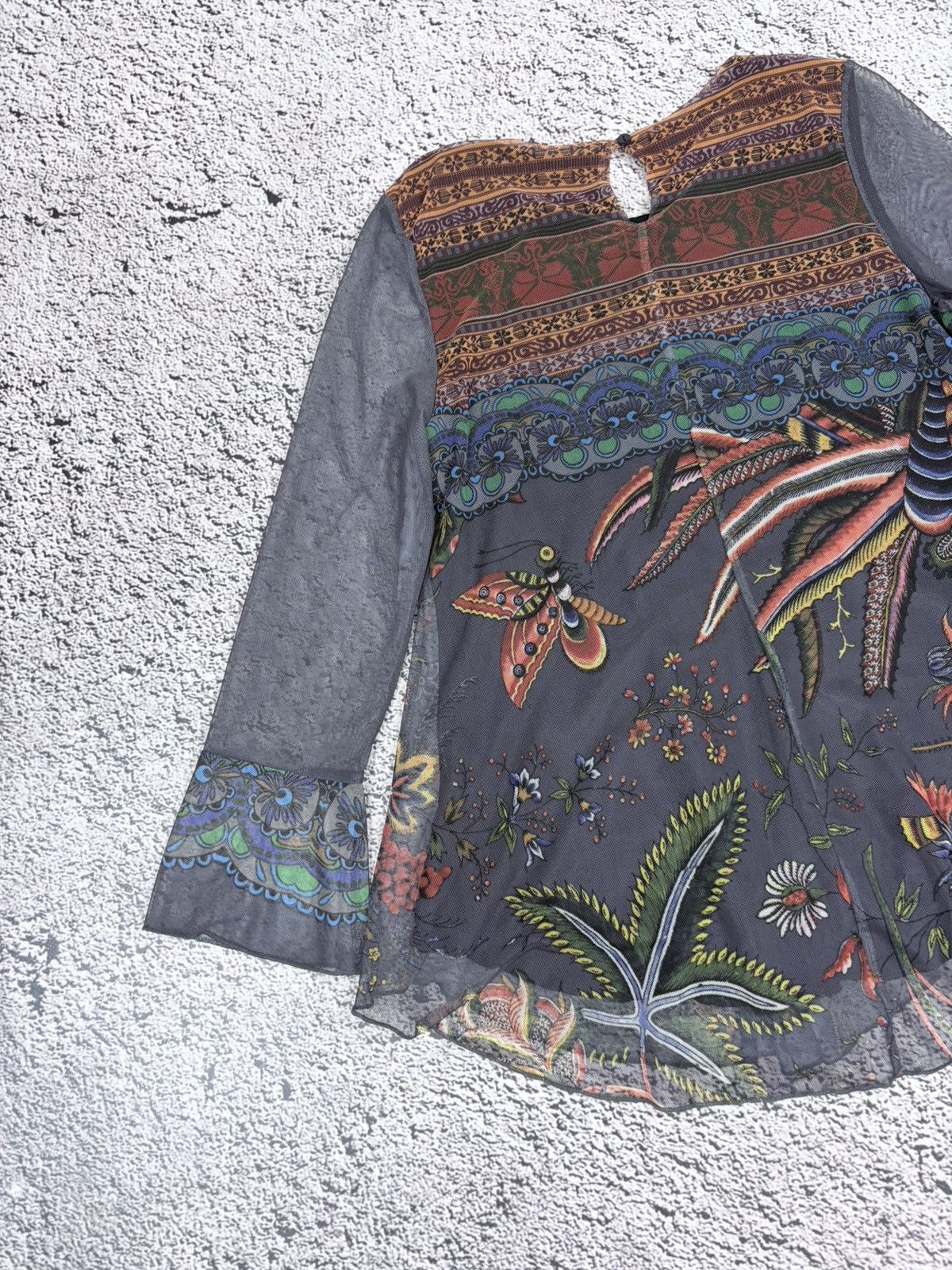Jean Paul Gaultier Desigual Mesh Long Sleeve Boho Top Floral Graphic Print L Size L / US 10 / IT 46 - 7 Thumbnail