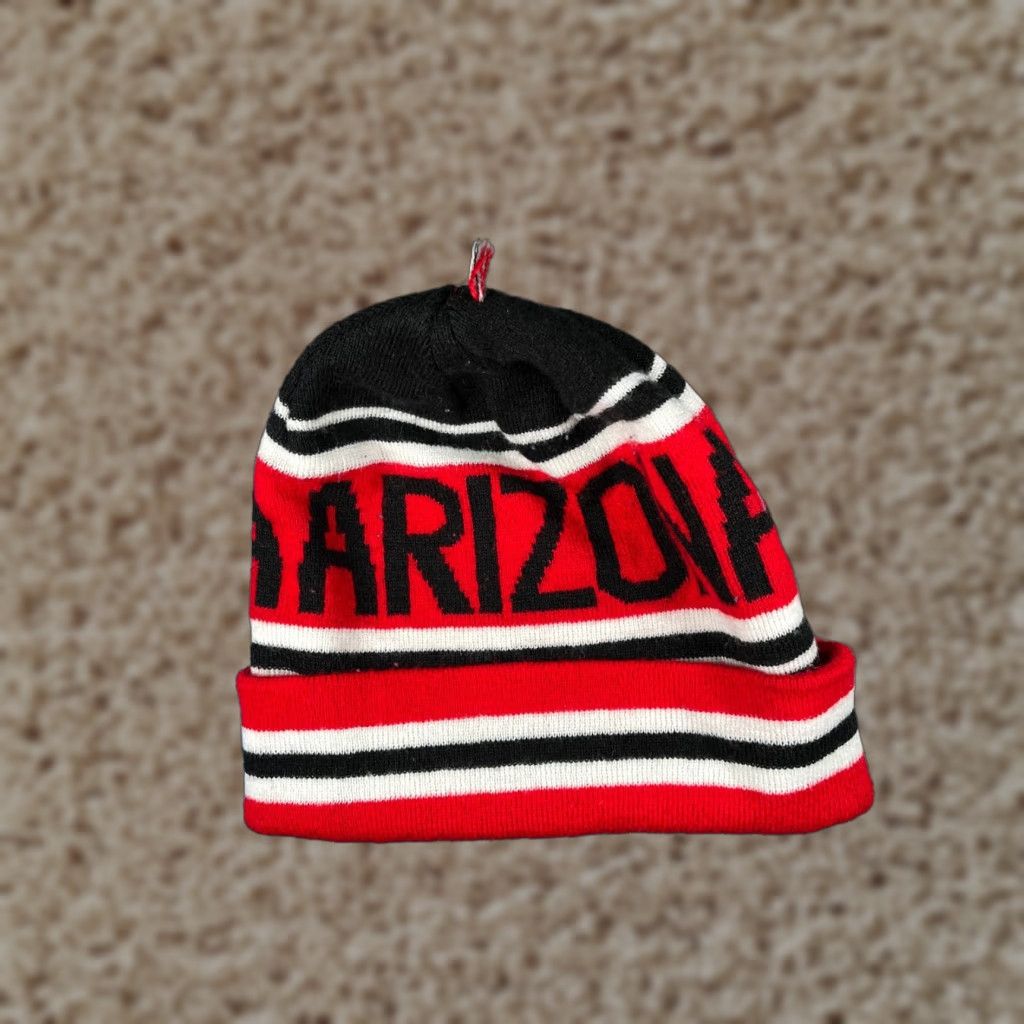 Vintage Arizona Beanie Toque Adult One Size Black Red White Stripe Knit 100% Acrylic Hat Mens Beanie Size ONE SIZE - 1 Thumbnail