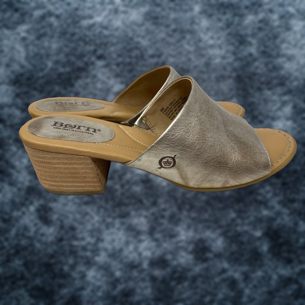 Born VINTAGE? No — Born Leather Sandal Womens Sz 8 39 Comfort Slip On Mule Block Heel Metallic Gold Sandal Gold Leather Slip-On Women’s Casual Size US 8 / IT 38 - 1 Thumbnail
