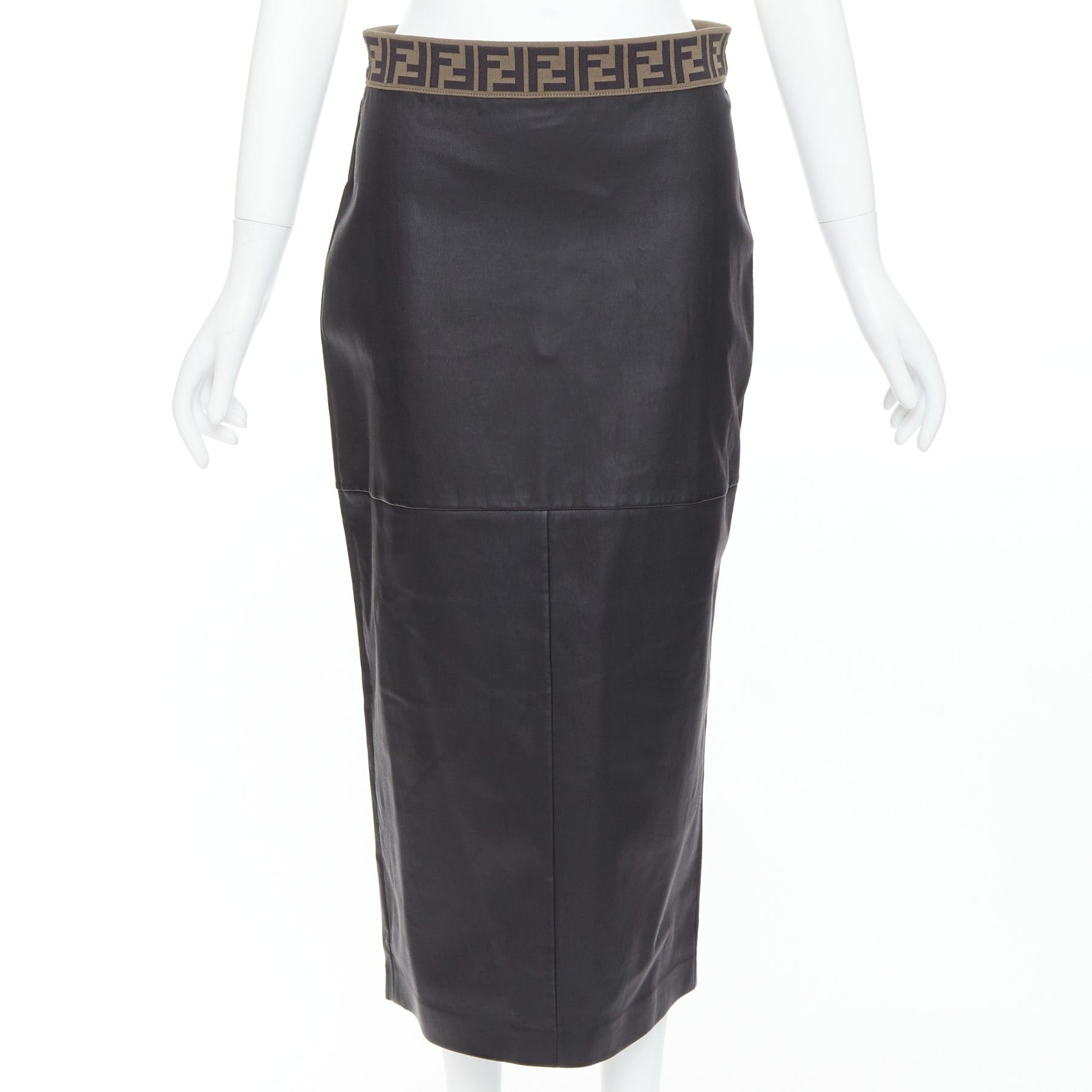 Fendi FENDI Gonna khaki FF monogram waist black lamb leather pencil skirt IT44 L Size 30" / US 8 / IT 44 - 1 Thumbnail