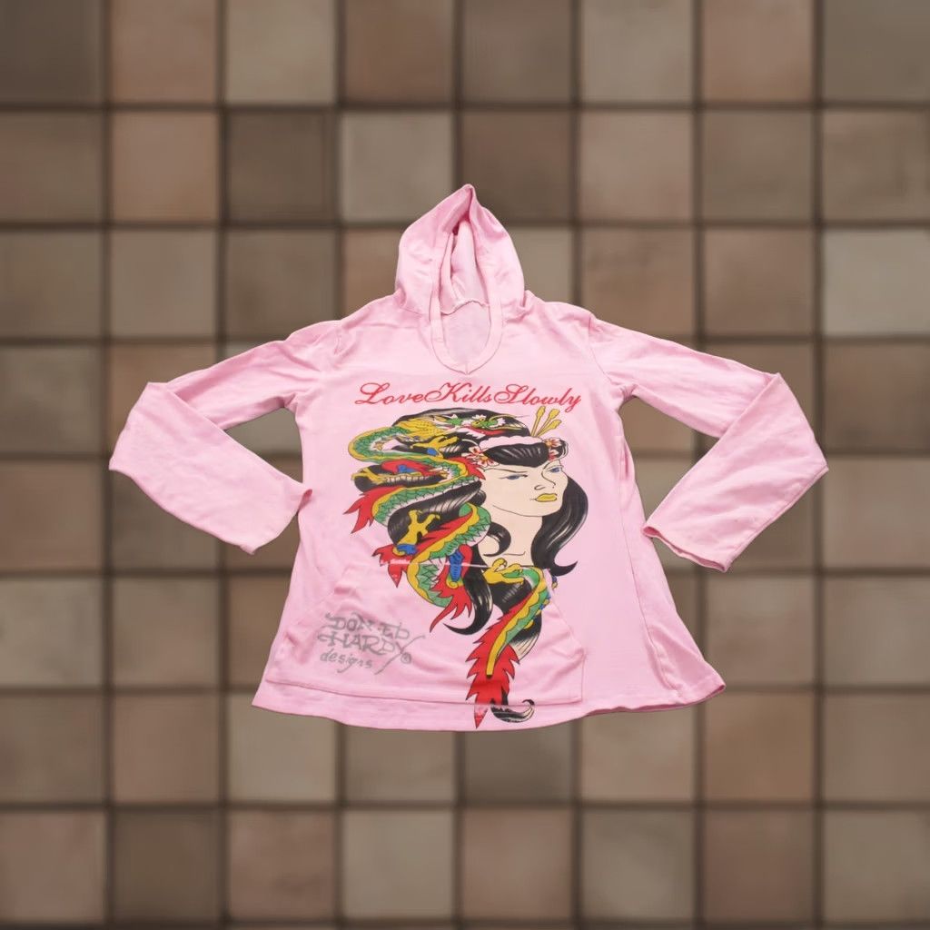 Ed Hardy Ed Hardy Hoodie Womens XS Pink Grunge Love Kills Slowly Dragon Girl Pullover Hooded Pockets Thermal Knit Cotton Varsity Style Tee? Size XS / US 0-2 / IT 36-38 - 1 Thumbnail