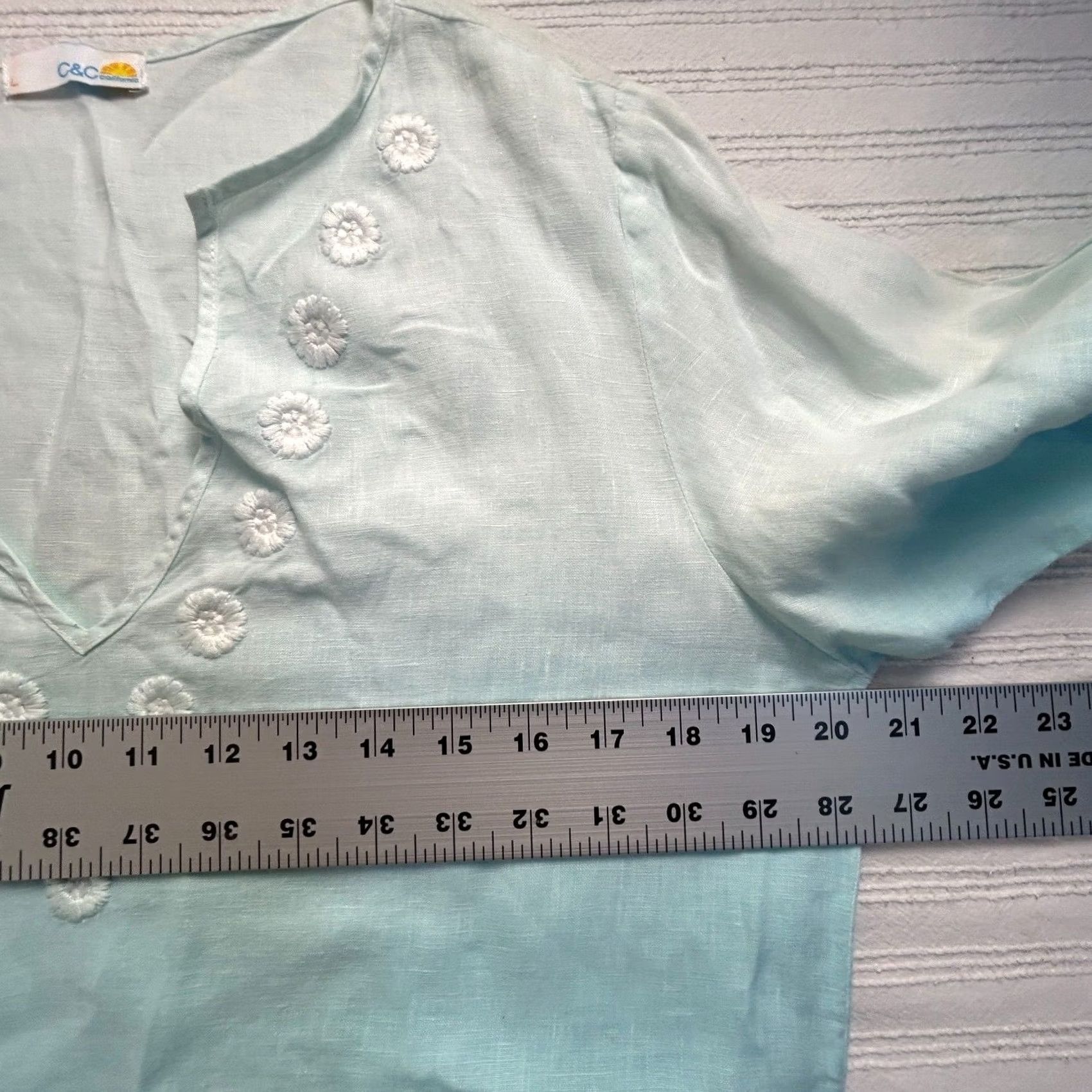 Vintage C&C California Womens Blouse Tunic Sky Blue V-Neck Linen 3/4 Sleeve Large Boho Beach Shirt Size L / US 10 / IT 46 - 7 Thumbnail