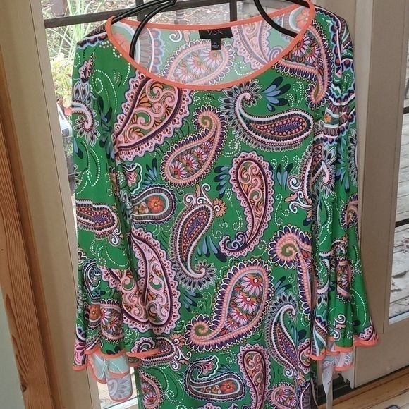 Vintage MSK Made in India Green/Pink Flared Long Sleeves Sz. XL Dres Size XL / US 12-14 / IT 48-50 - 3 Thumbnail