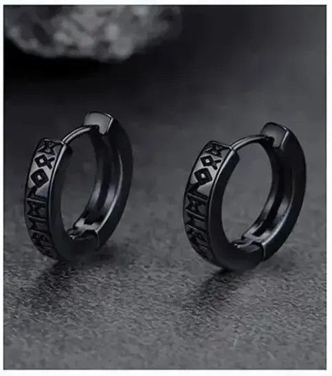 Diamond Earrings x Jewelry Norwegian Viking Rune Hoop Earrings in Black, Men's